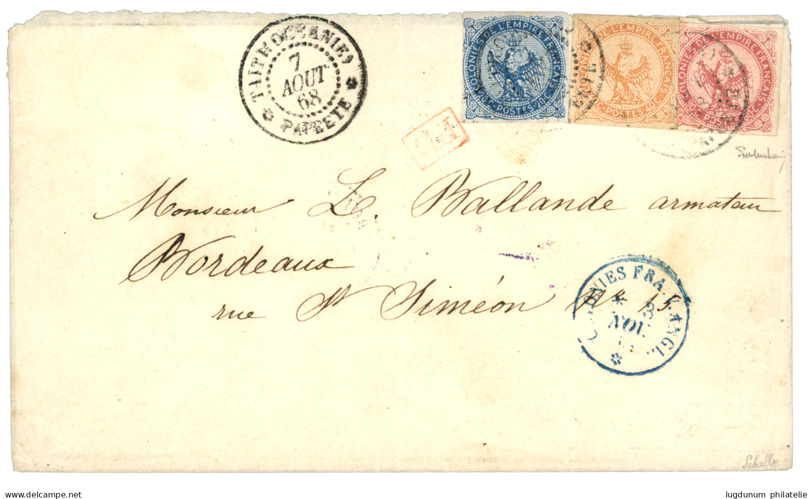 TAHITI : 1868 Superbe Tricolore Au Type AIGLE Avec 20c+ 40c + 80c Obl. Cachet à Date TAHITI(OCEANIE) PAPEETE Sur Envelop - Sonstige & Ohne Zuordnung