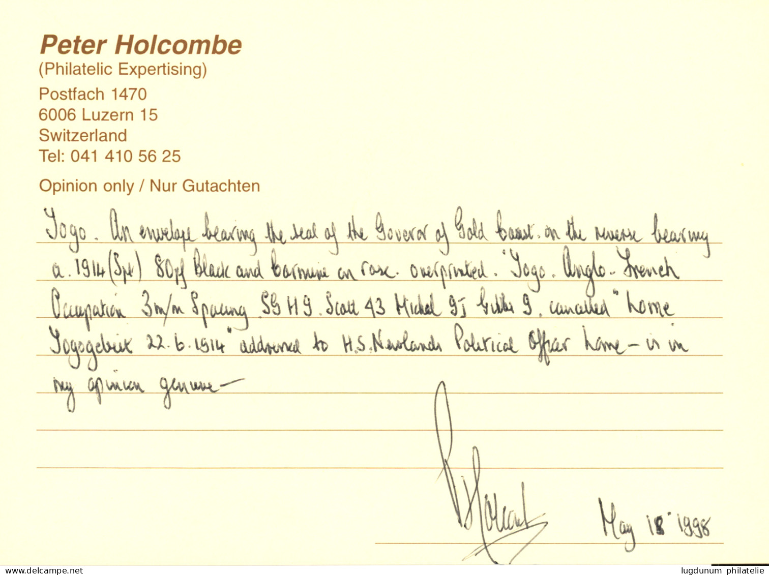 TOGO - Anglo-French OCCUPATION : 1914 80pf (n°40) Obl. LOME TOGOGEBIET Sur Lettre (GOVERNOR GOLD COAST Verso) Pour "POLI - Otros & Sin Clasificación