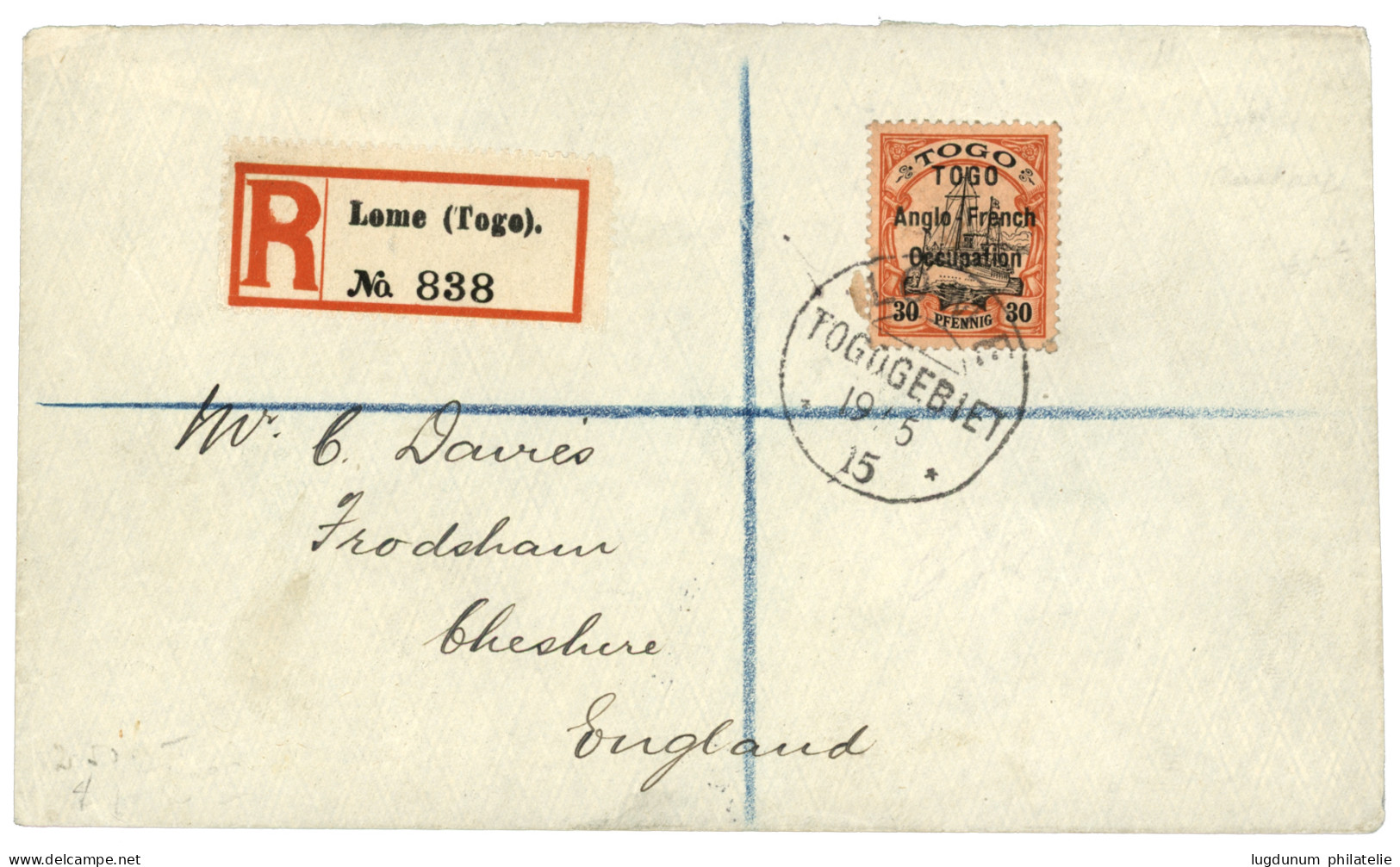 TOGO - Anglo-French OCCUPATION : 1915 30pf (n°37) Obl. LOME TOGOGEBIET Sur Lettre RECOMMANDEE Pour L' ANGLETERRE. TTB. - Andere & Zonder Classificatie