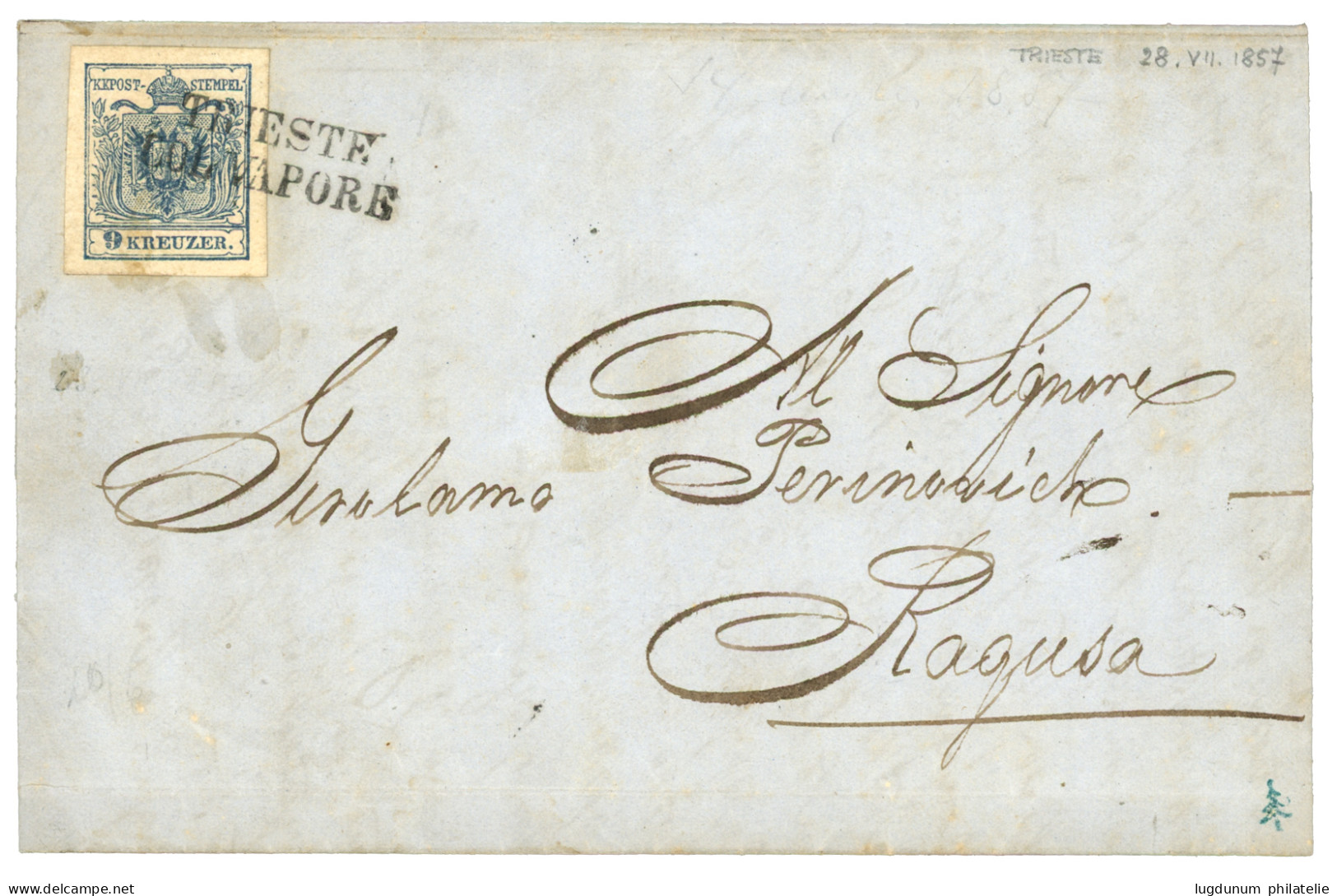 AUSTRIA : 1857 9kr With 4 Nice Margins Canc. TRIESTE COL. VAPORE On Cover To RAGUSA. Superb. - Sonstige & Ohne Zuordnung