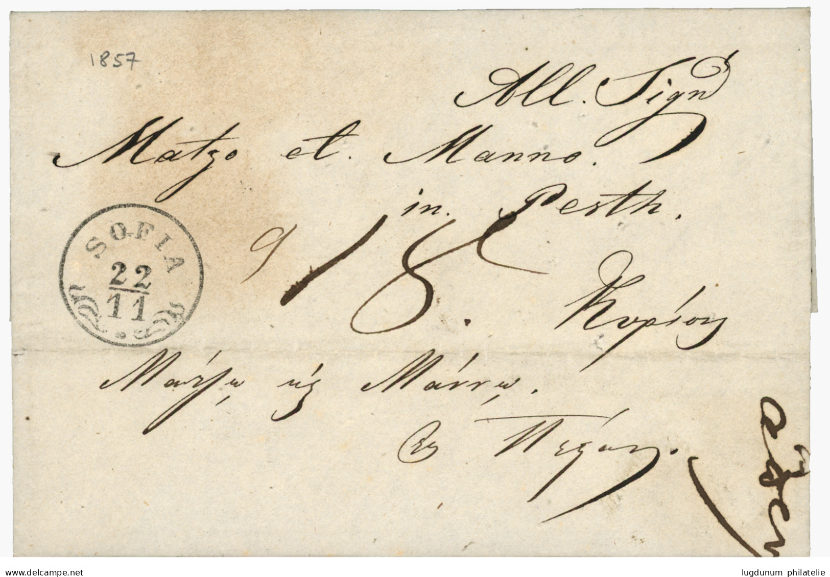 SOFIA : 1857 Superb Cachet SOPHIA + "18" Tax Marking On Entire Letter To PEST With Arrival Cds. Exceptionnal Quality !. - Sonstige & Ohne Zuordnung