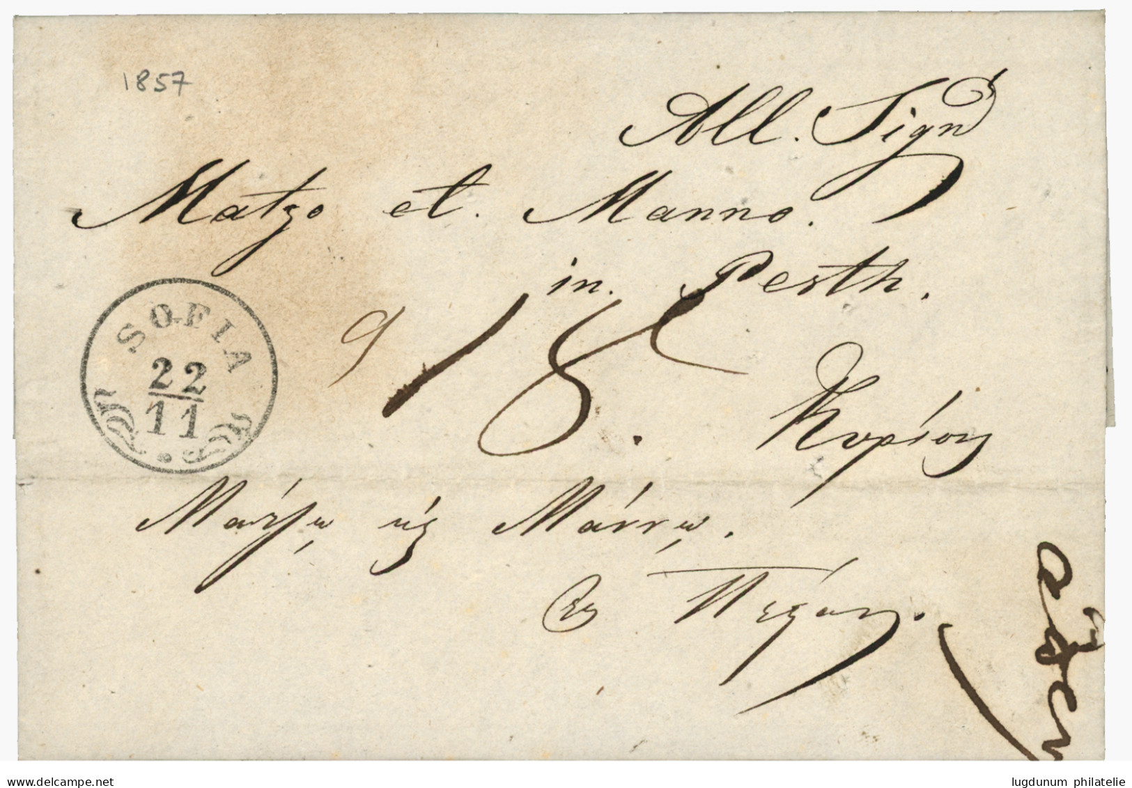 SOFIA : 1857 Superb Cachet SOPHIA + "18" Tax Marking On Entire Letter To PEST With Arrival Cds. Exceptionnal Quality !. - Other & Unclassified