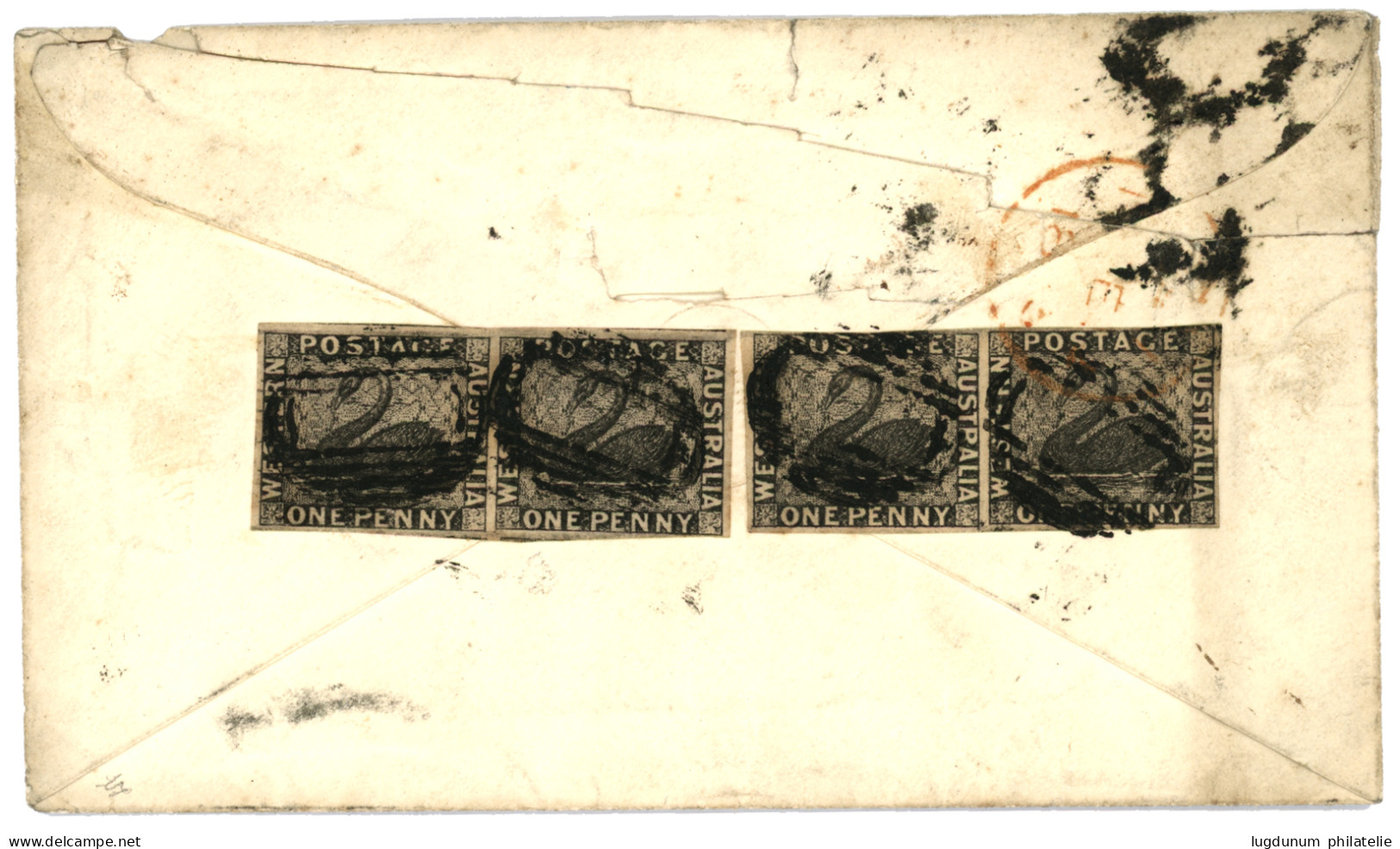 WESTERN AUSTRALIA : 1854 1d Black (SG 1) 2 Pair Canc. Mute Ovals Of Bars On Reverse Of Envelope (tear) From PERTH To ENG - Autres & Non Classés