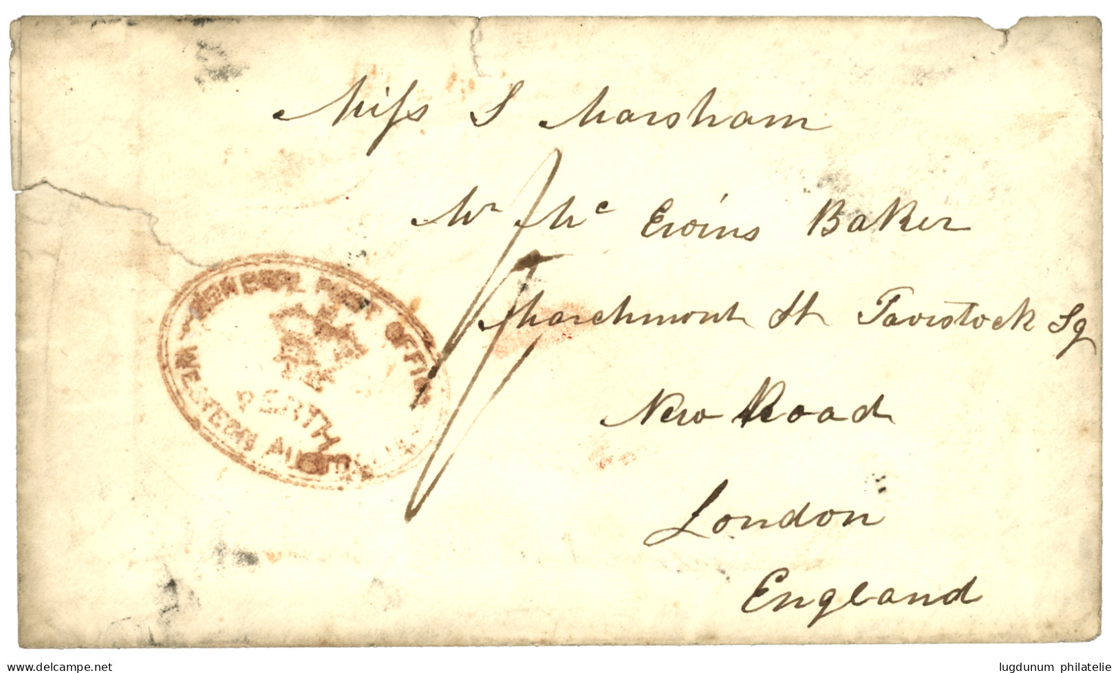WESTERN AUSTRALIA : 1854 1d Black (SG 1) 2 Pair Canc. Mute Ovals Of Bars On Reverse Of Envelope (tear) From PERTH To ENG - Altri & Non Classificati