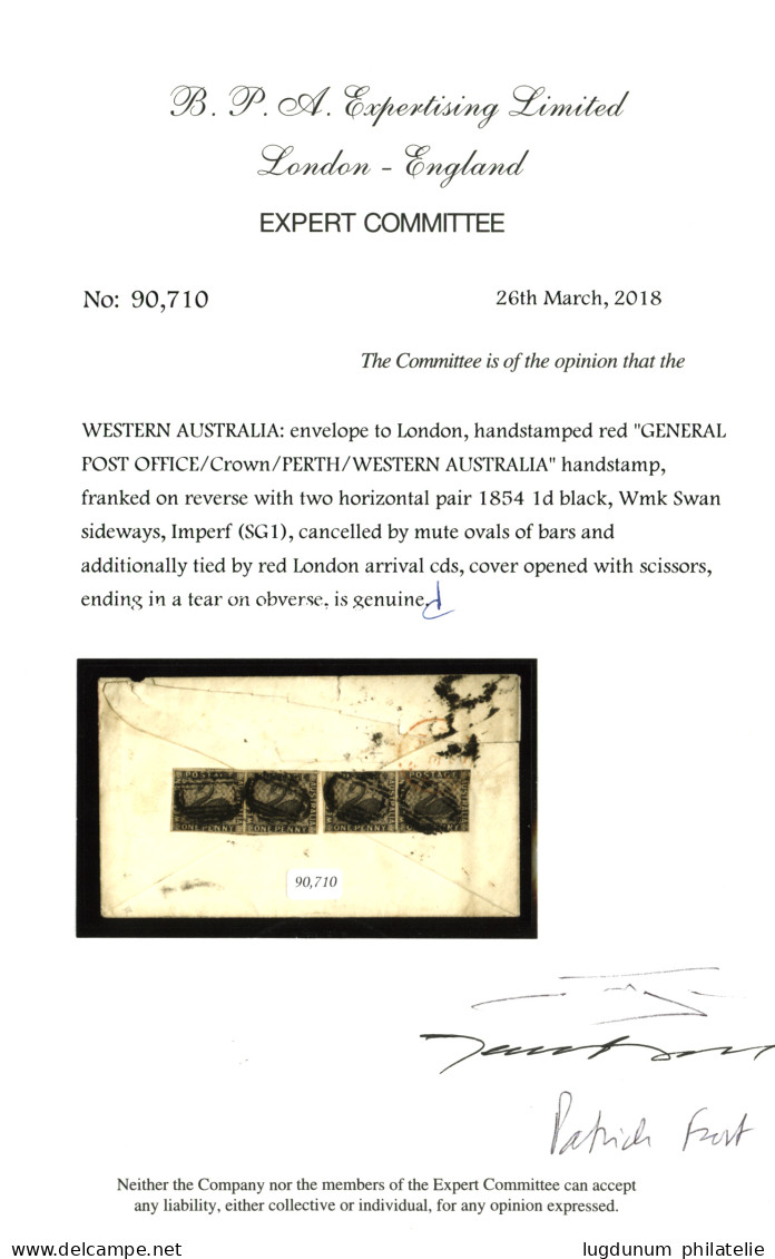 WESTERN AUSTRALIA : 1854 1d Black (SG 1) 2 Pair Canc. Mute Ovals Of Bars On Reverse Of Envelope (tear) From PERTH To ENG - Other & Unclassified