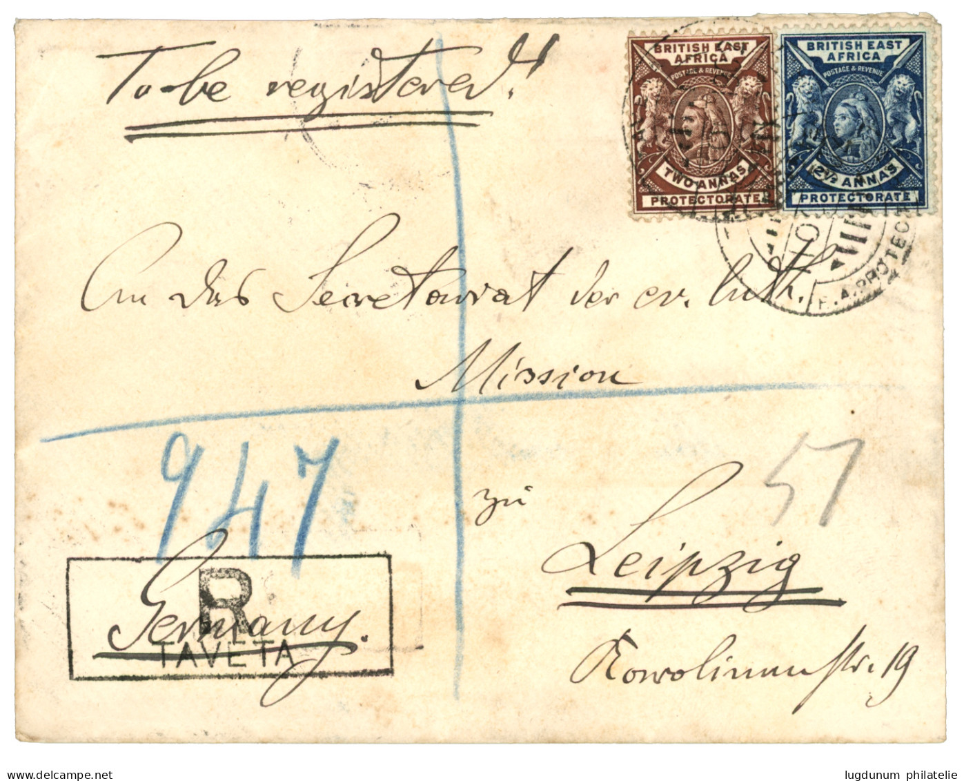 BRITISH EAST AFRICA : 1902 2a + 2 1/2a Canc. TAVETA On REGISTERED Envelope To MISSION House LEIPZIG. Vvf. - Autres & Non Classés