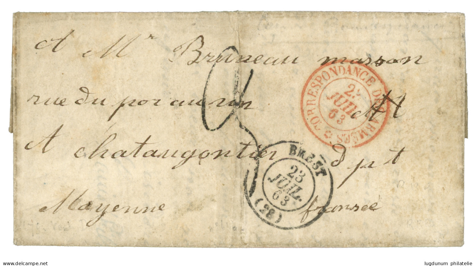 CAPE OF GOOD HOPE : 1863 Extremely Scarce French Military Cachet CORRESPONDANCE DES ARMEES In Red + "3" Tax Marking On E - Cabo De Buena Esperanza (1853-1904)