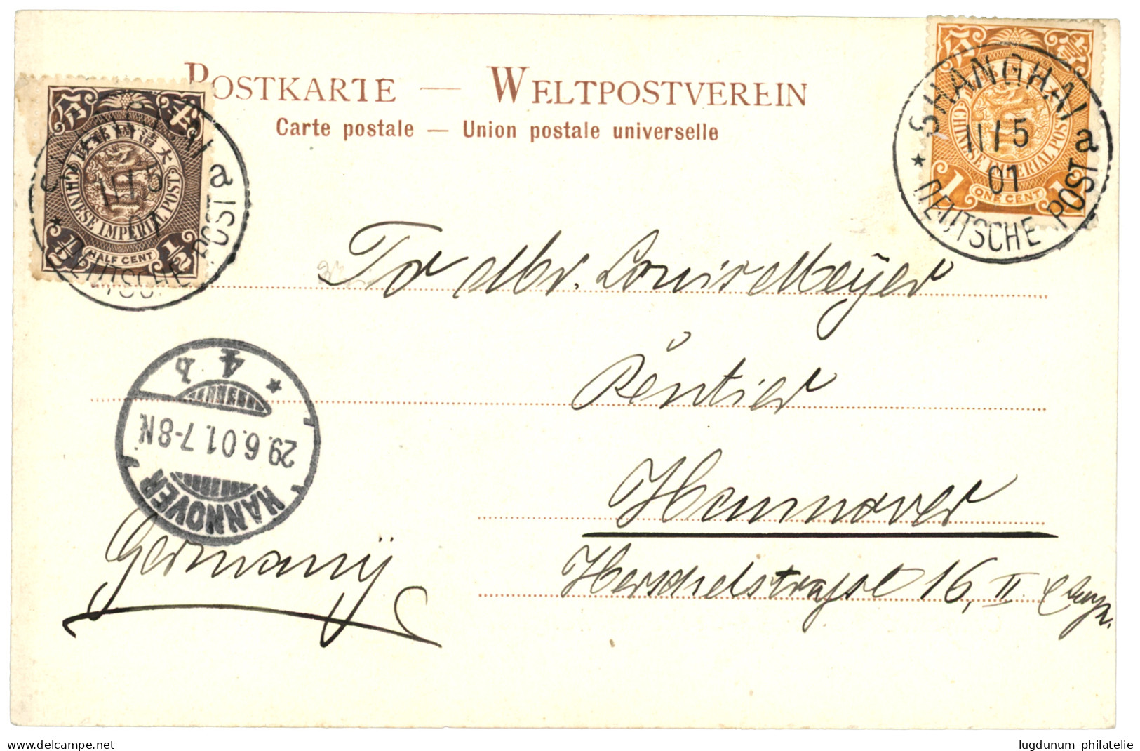 CHINA : 1901 CHINA 1/2c + 1c Canc. SHANGHAI DEUTSCHE POST On Card To GERMANY. Superb. - Autres & Non Classés