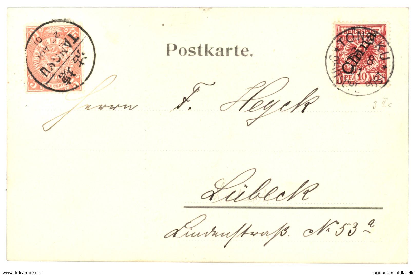 1901 GERMAN CHINA 10pf (n°3II) Canc. TONGKU + CHINA 5c Canc. TANGKU On Card To LUBECK. Superb. - Other & Unclassified