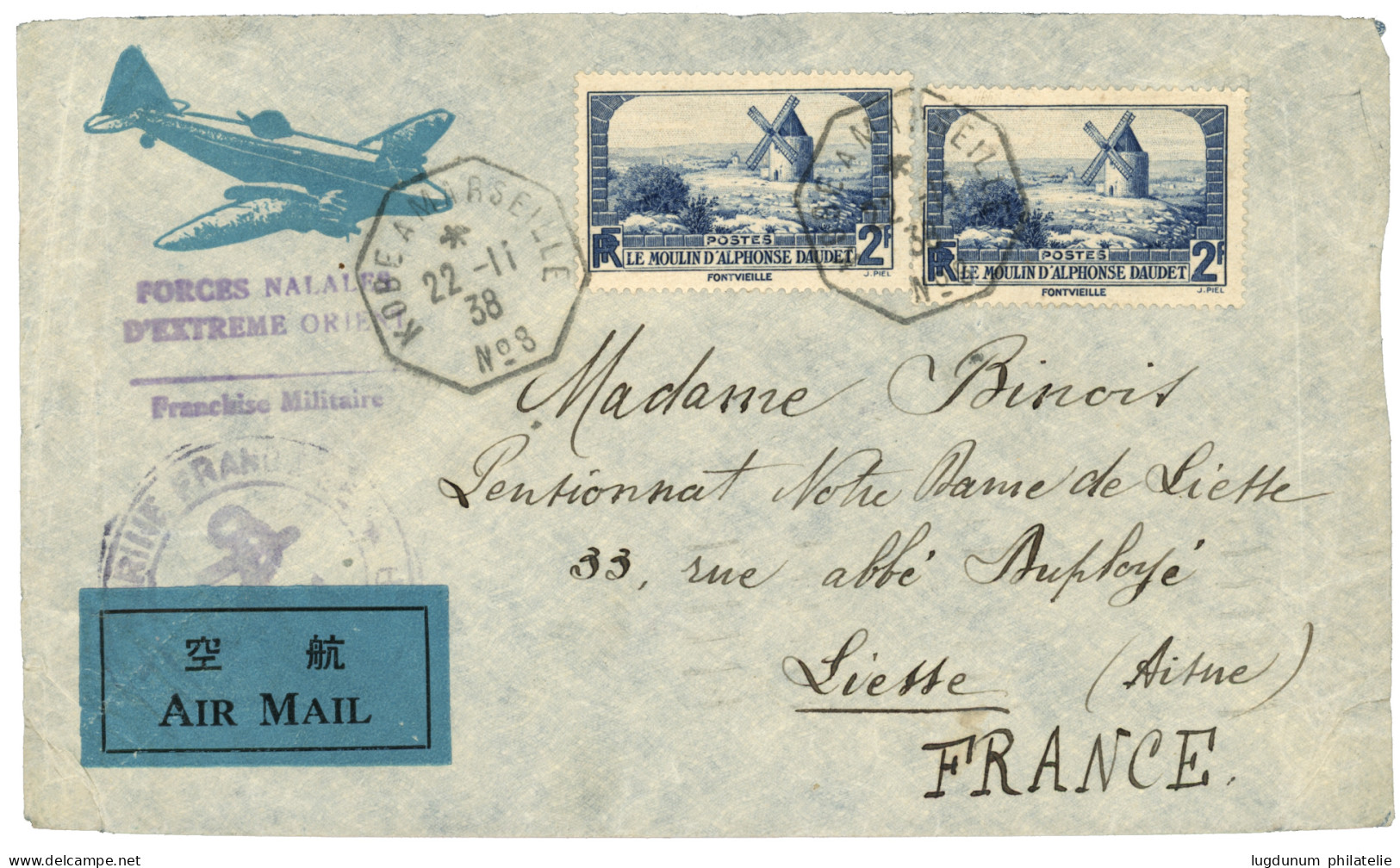 BASE De SHANGHAI : 1938 2F (x2) Canc. KOBE A MARSEILLE + FORCES NAVALES D' EXTREME ORIENT On AIRMAIL Cover To FRANCE. Ve - Other & Unclassified