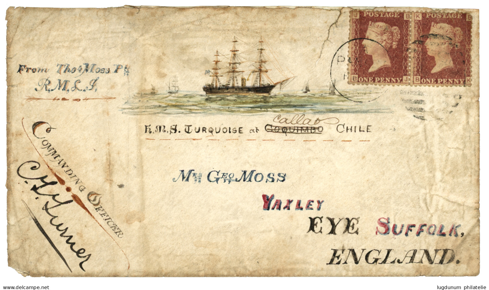 CHILE - Sailor's Concessionary Rate : 1881 GB Pair 1d (pl.192) Canc. C35 + PANAMA On Extraordinary Hand Painted Envelope - Chile