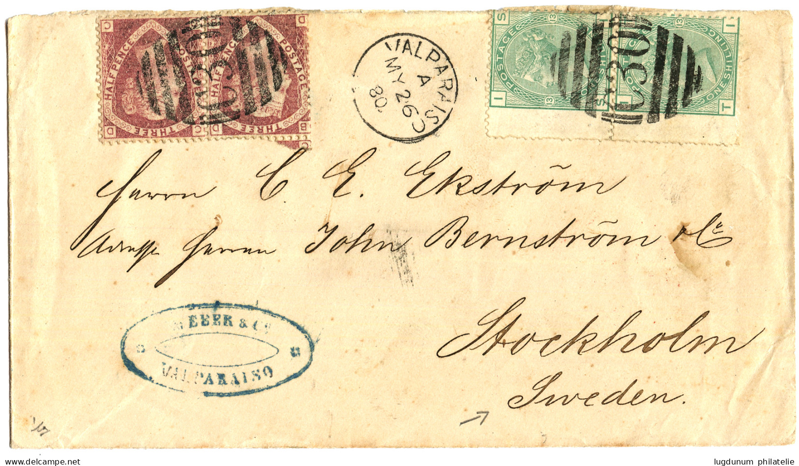 CHILE - VALPARAISO To SWEDEN : 1880 GB 1 1/2d (x2) + Pair 1 SHILLING Canc. C30 + VALPARAISO On Envelope To STOCKHOLM (SW - Chili