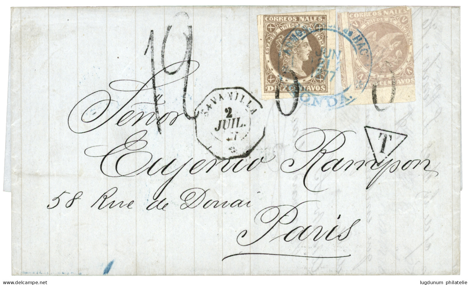 COLOMBIA : 1877 5c (fault) + 10c Canc. HONDA + French Cds SAVANILLA + 12 Tax Marking On Cover To FRANCE. Vf. - Colombia