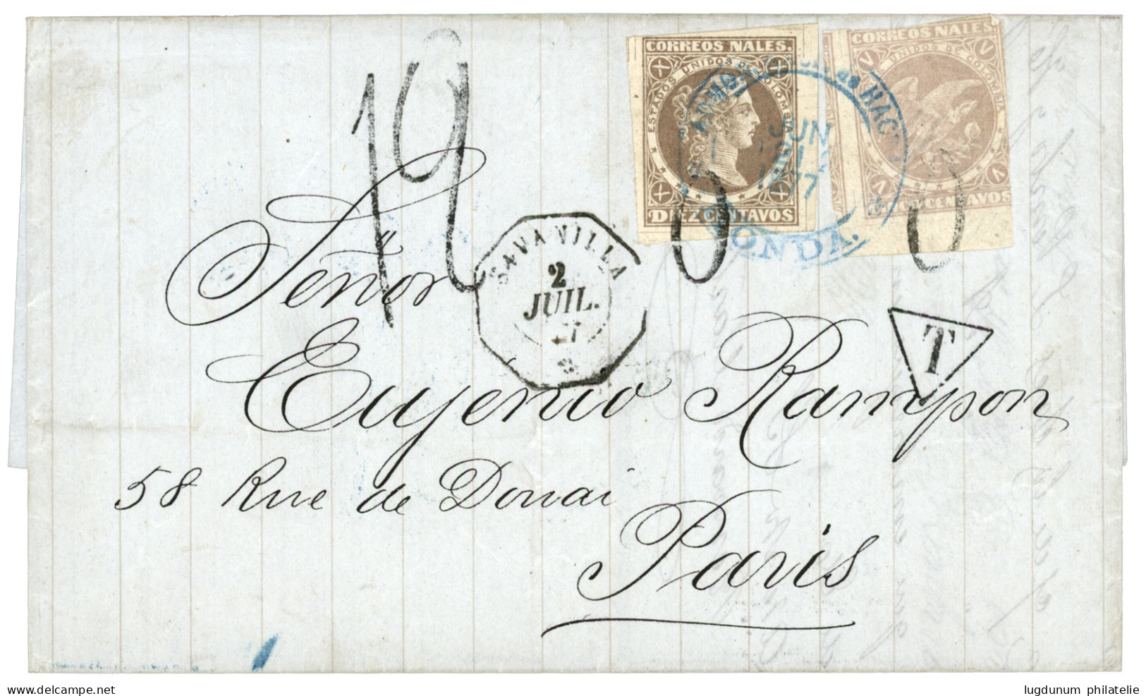 COLOMBIA : 1877 5c (fault) + 10c Canc. HONDA + French Cds SAVANILLA + 12 Tax Marking On Cover To FRANCE. Vf. - Kolumbien