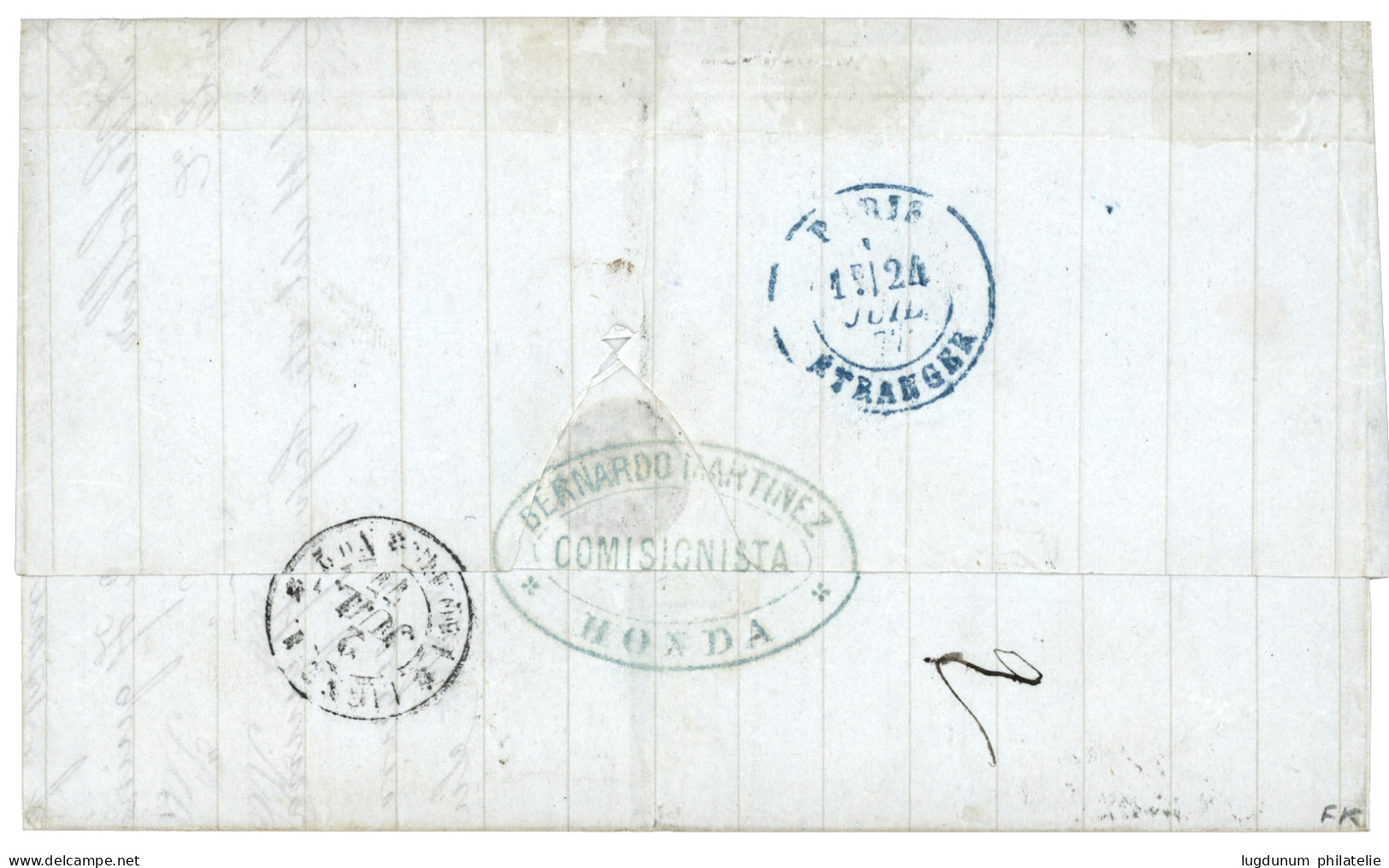 COLOMBIA : 1877 5c (fault) + 10c Canc. HONDA + French Cds SAVANILLA + 12 Tax Marking On Cover To FRANCE. Vf. - Colombia