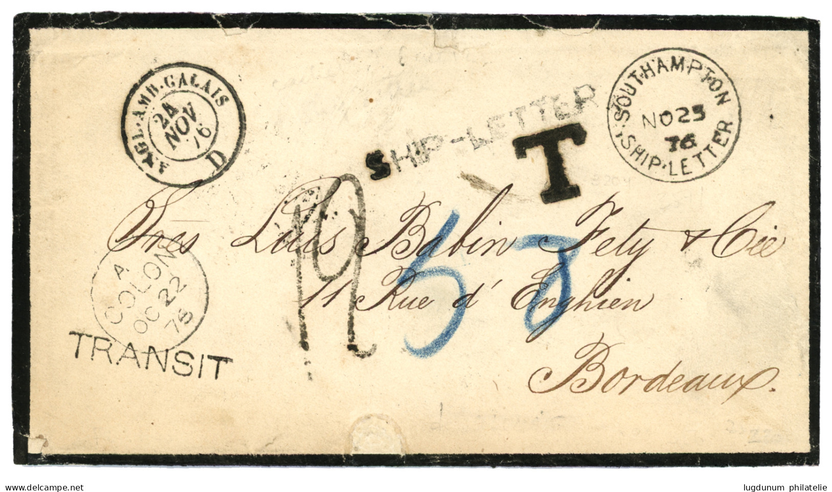 COLOMBIA : 1876 TRANSIT + COLON + SOUTHAMPTON SHIP LETTER + SHIP-LETTER + T + 12 Tax Marking On Envelope From CARTAGENA  - Colombie