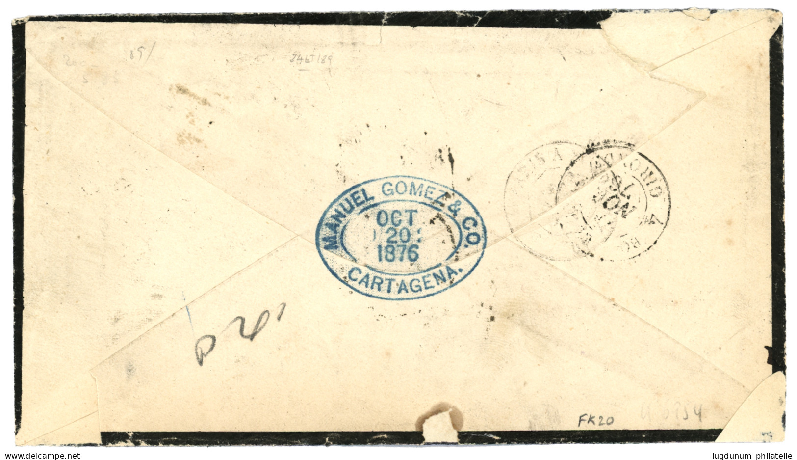 COLOMBIA : 1876 TRANSIT + COLON + SOUTHAMPTON SHIP LETTER + SHIP-LETTER + T + 12 Tax Marking On Envelope From CARTAGENA  - Kolumbien