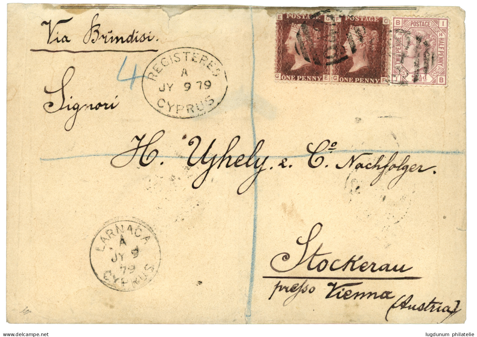 CYPRUS : 1879 1d (pl. 221) X2 + 2 1/2d (pl. 14) Canc. 942 + LARNACA CYPRUS + REGISTERED CYPRUS On Envelope "Via BRINDISI - Chypre (...-1960)