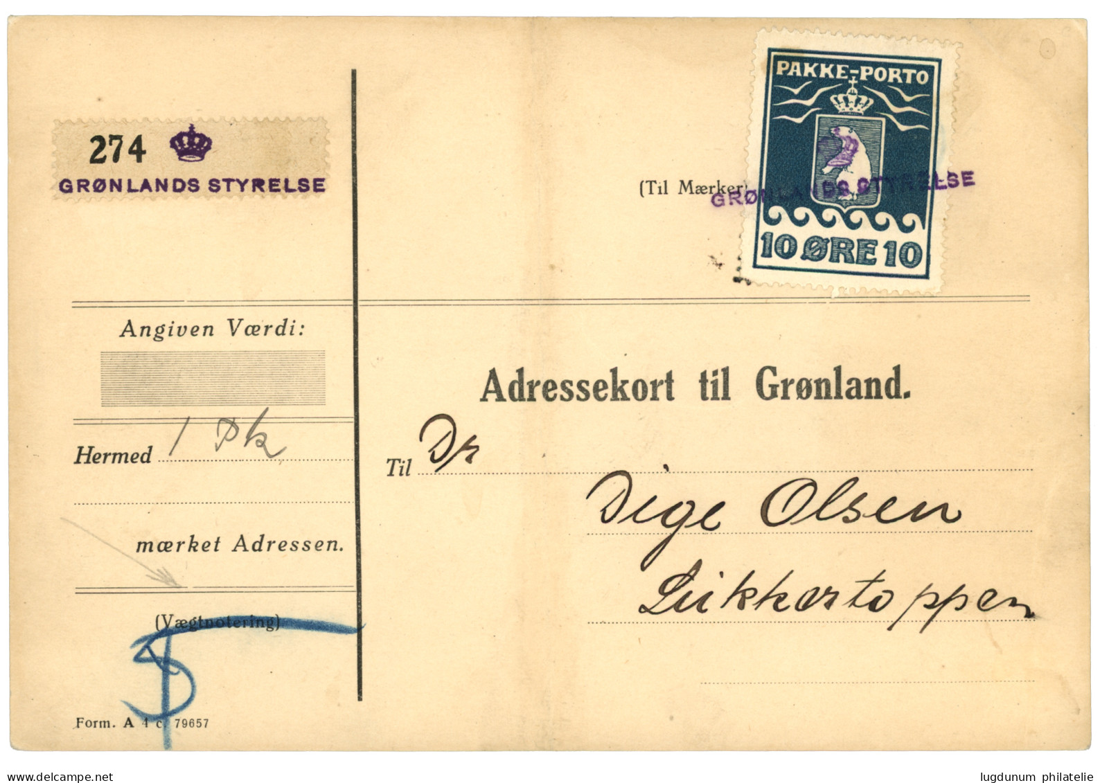 DENMARK - GROENLAND : 1926 PAKKE-PORTO 10 Ore Canc. Crown GROENLANDS STYRELSE On PARCEL CARD.  Superb. - Sonstige & Ohne Zuordnung