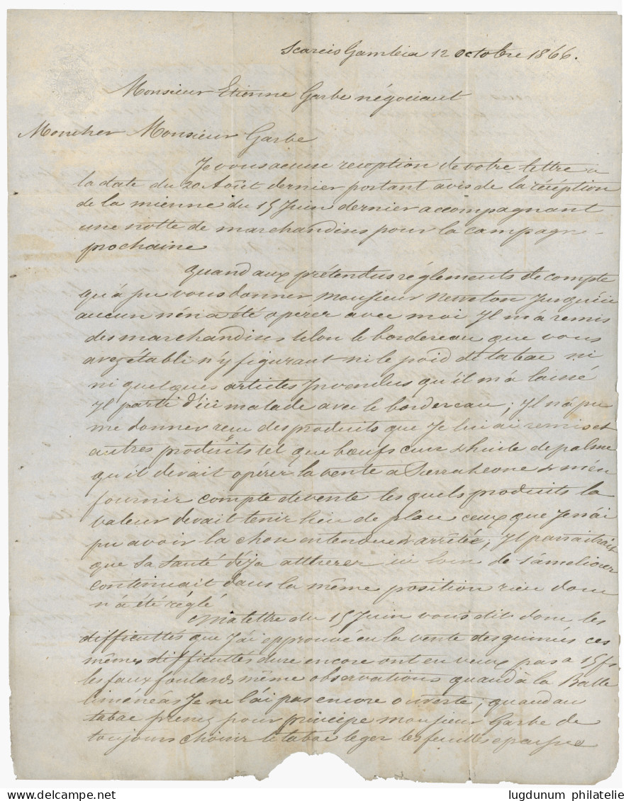 GAMBIA Via SIERRA-LEONE : 1866 GB/ 2F + 10 Tax Marking On Entire Letter Datelined "SCARCIS - GAMBIA" To FRANCE. Verso, S - Gambia (...-1964)