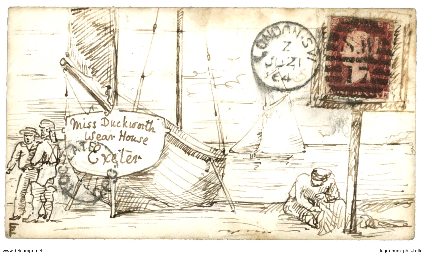 GREAT BRITAIN : 1864 1d (fault) Canc. SW/17 + LONDON S.W. On Illustrated Envelope To EXETER. Vf. - Sonstige & Ohne Zuordnung