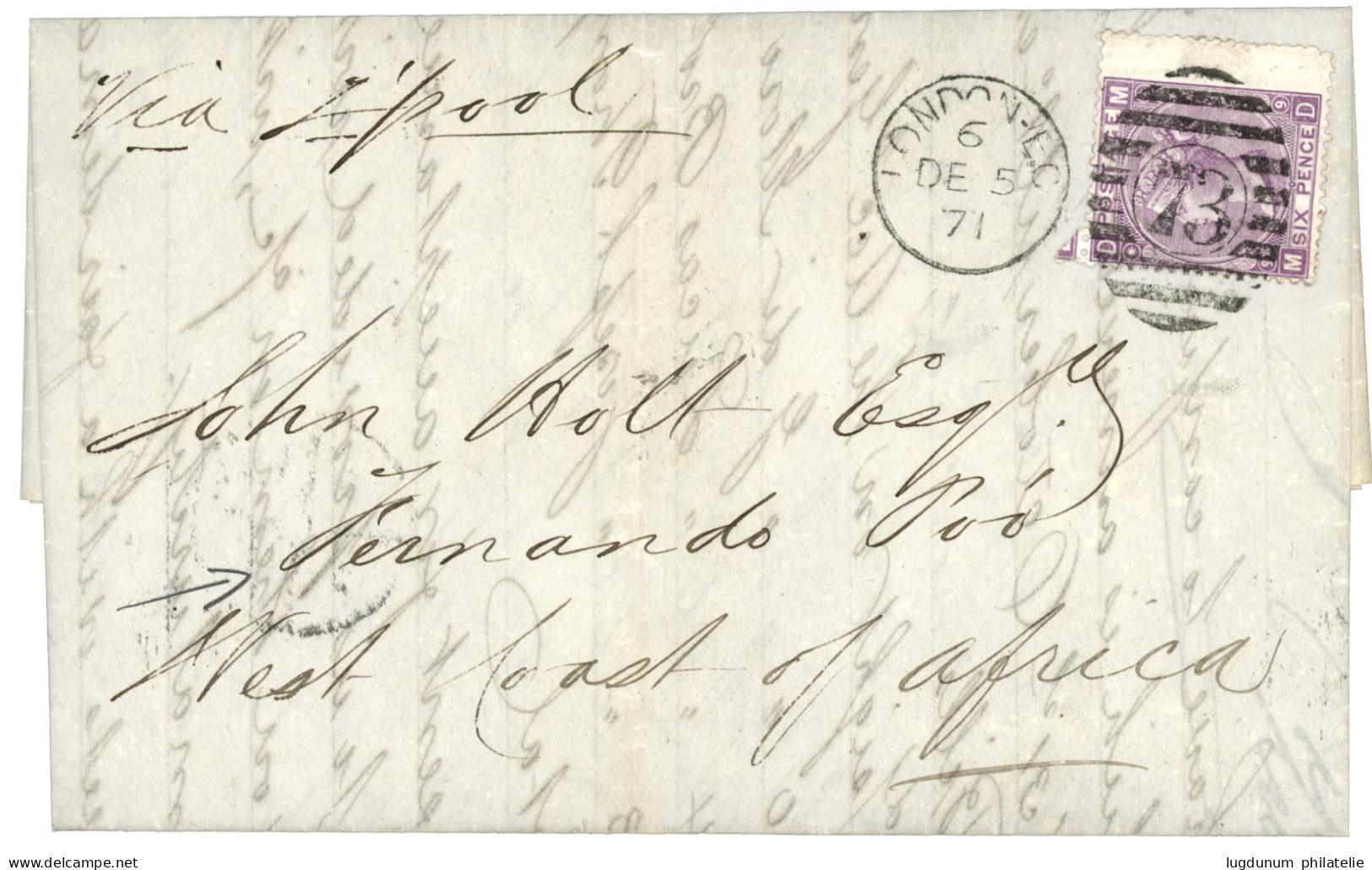 GREAT BRITAIN To FERNANDO-POO : 1871 6d Canc. 73 + LONDON-EC On Entire Letter To FERNADO-POO. Very Rare Destination. Sup - Sonstige & Ohne Zuordnung