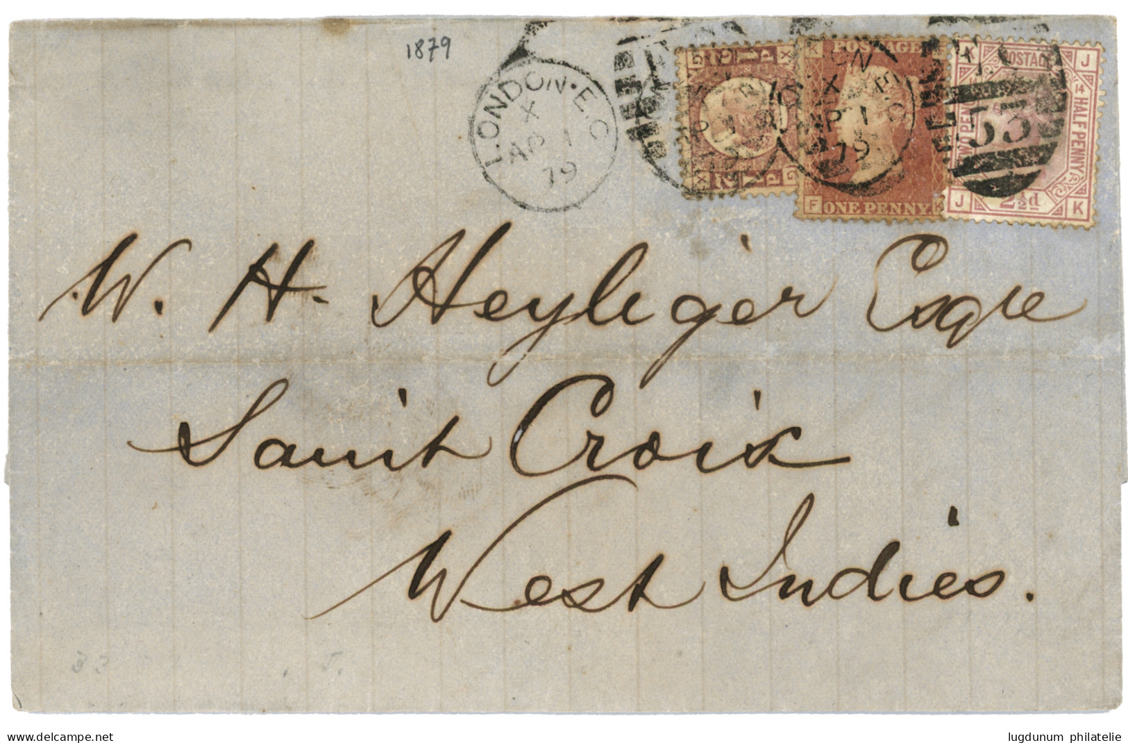 GREAT BRITAIN : 1879 1/2d + 1d + 2 1/2d On Cover From LONDON To SAINTE CROIX (DANISH  WEST INDIES). Verso, Rare Danish C - Andere & Zonder Classificatie