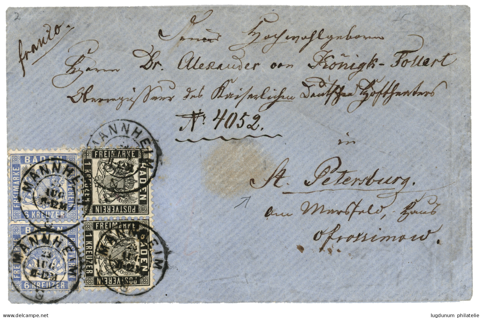 BADE - Destination RUSSIA : 1868 1k (x2) + 6k (x2) Canc. MANNHEIM On Envelope To ST PETERSBURG (RUSSIA). Vf. - Other & Unclassified