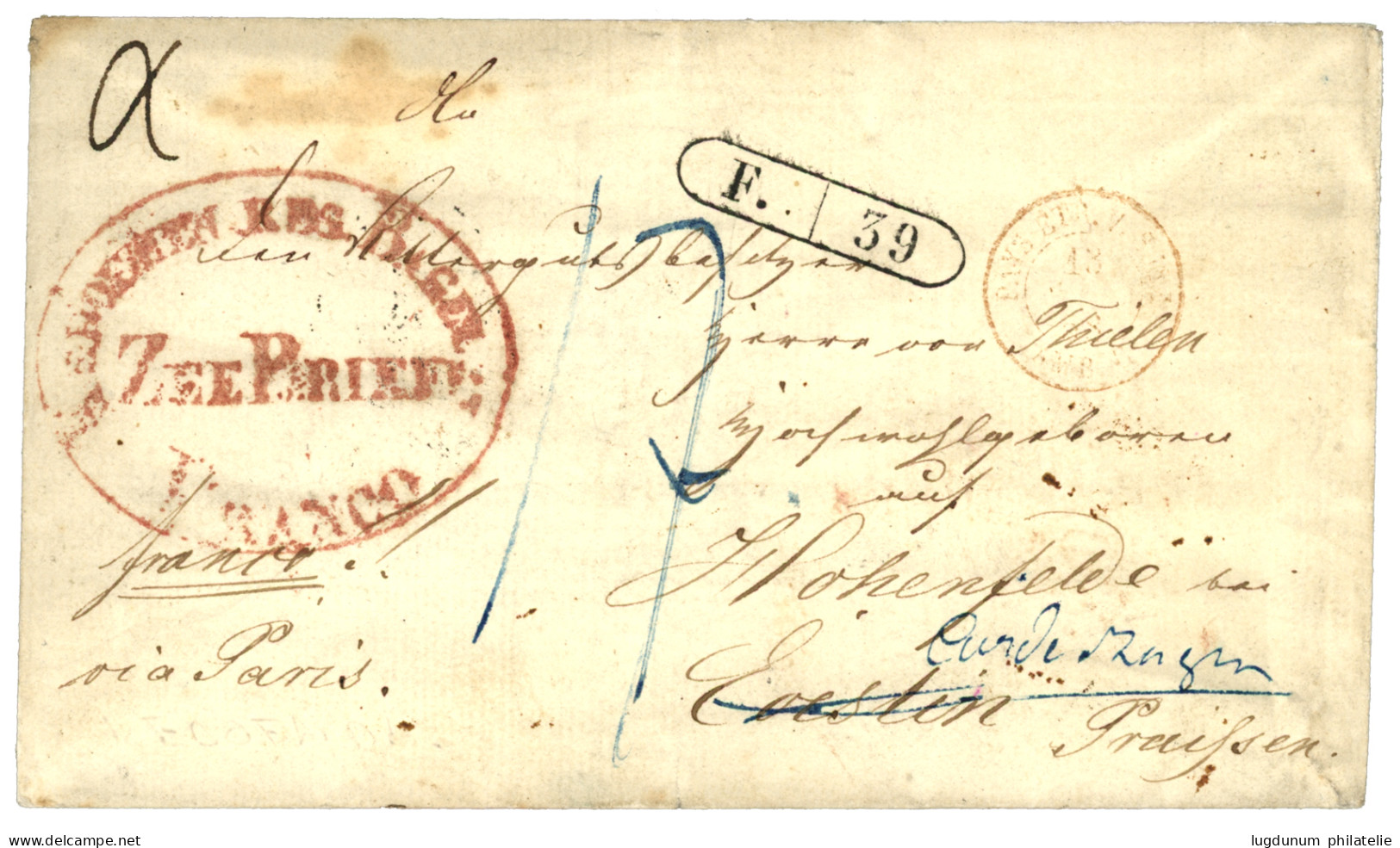 PRUSSIA - Incoming Mail : 1858 KEBOEMAN RES. BAGELEN / ZEE BRIEF / FRANCO In Red + Rare French Accountancy Handstamp F.3 - Autres & Non Classés