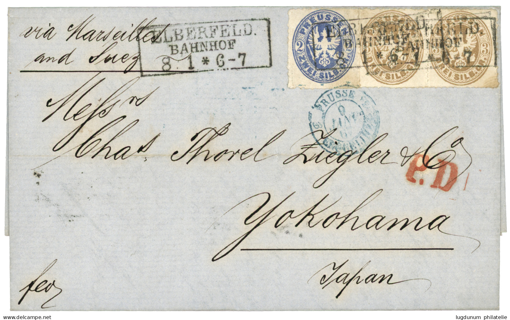 PRUSSIA - Destination JAPAN : 1867 PRUSSIA Pair 3 Sgr + 2 Sgr Canc. ELBERFELD BAHNHOF On Entire Letter To YOKOHAMA (JAPA - Other & Unclassified