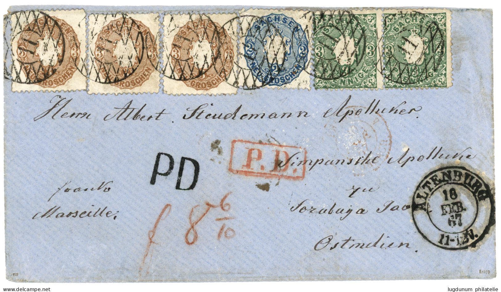 SAXONY - Destination NETHERLAND INDIES : 1867 2 Ngr + 3 Ngr (x3) + Pair 3pfg Canc. 11 + ALTENBURG On Envelope To SORABAY - Saxe