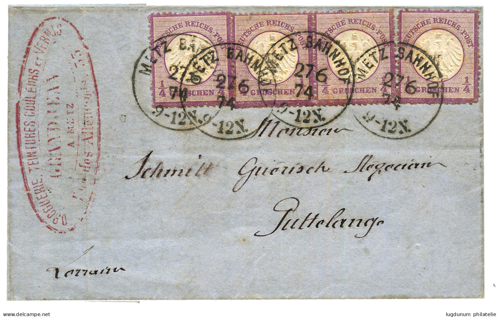 GERMANY : 1874 1/4gr (x4) With Strong Color Canc. METZ BAHNHOF On Entire Letter (superb Illustrated Letter Inside) To PU - Sonstige & Ohne Zuordnung