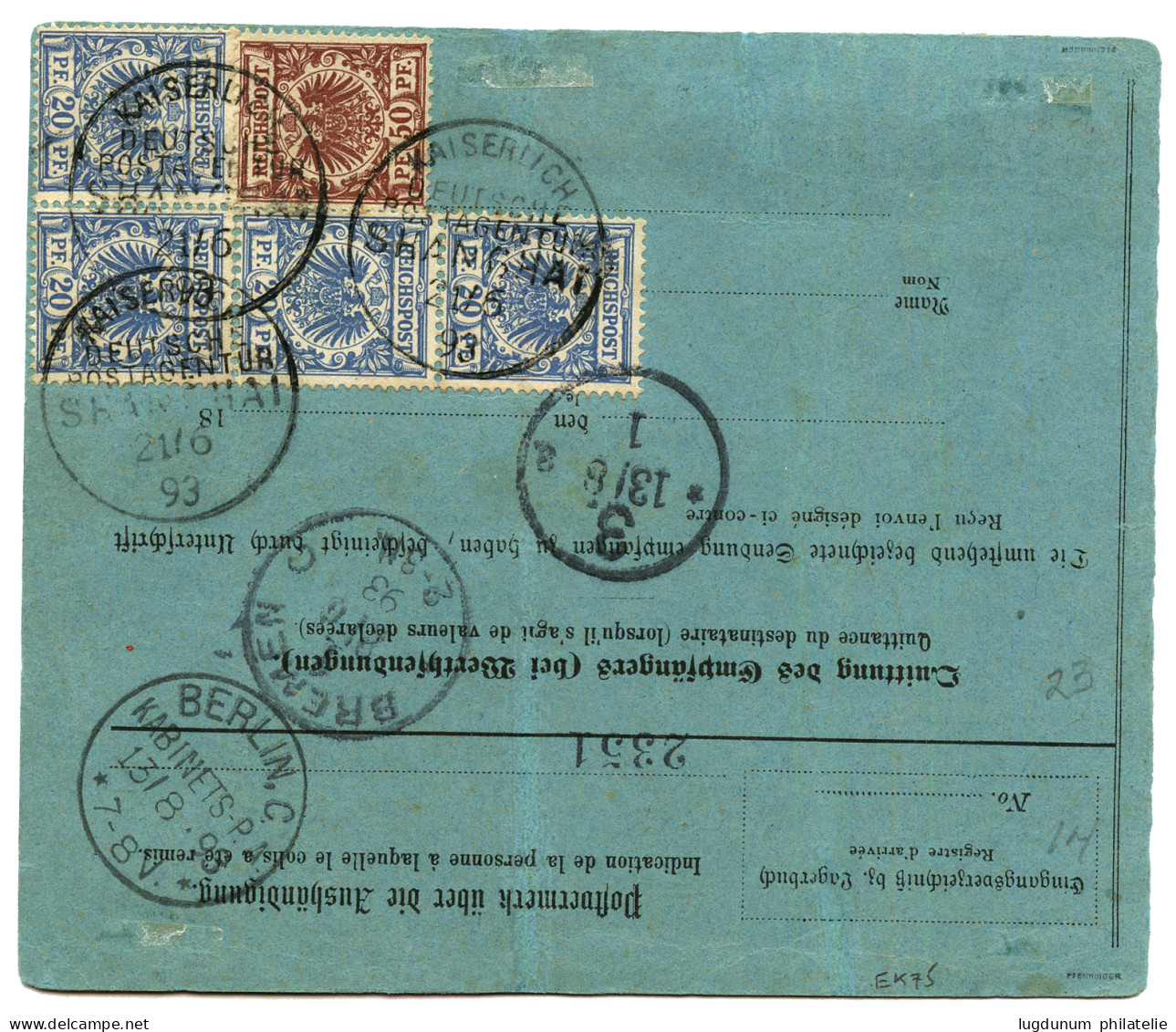 CHINA - VORLAUFER : 1893 2 MARK  (v37) Bloc Of 3 + 50pf (v50) + Verso 50pf (v50) + Strip Of 4 20pf (v48) Canc. SHANGHAI  - Deutsche Post In China