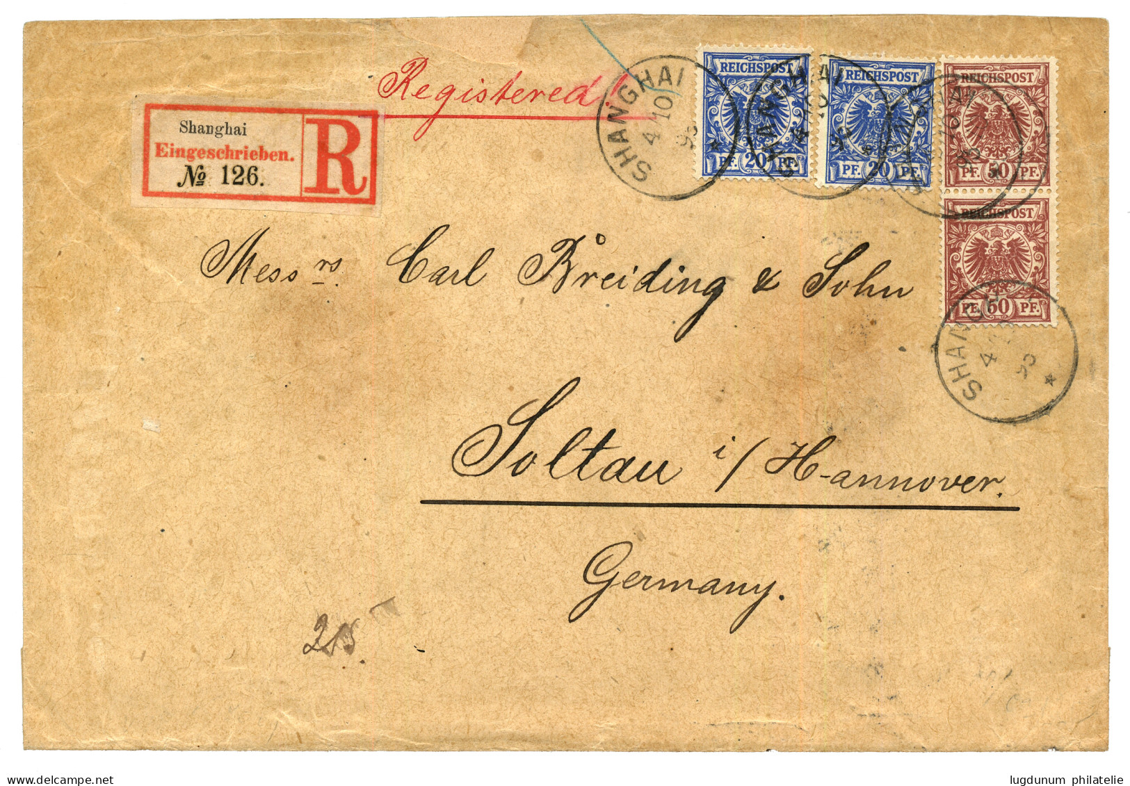 CHINA - VORLAUFER : 1895 20pf (v48d)x2 + 50pf (v50c)x2 Canc. SHANGHAI On REGISTERED Envelope (small Fault At Top) To GER - China (offices)