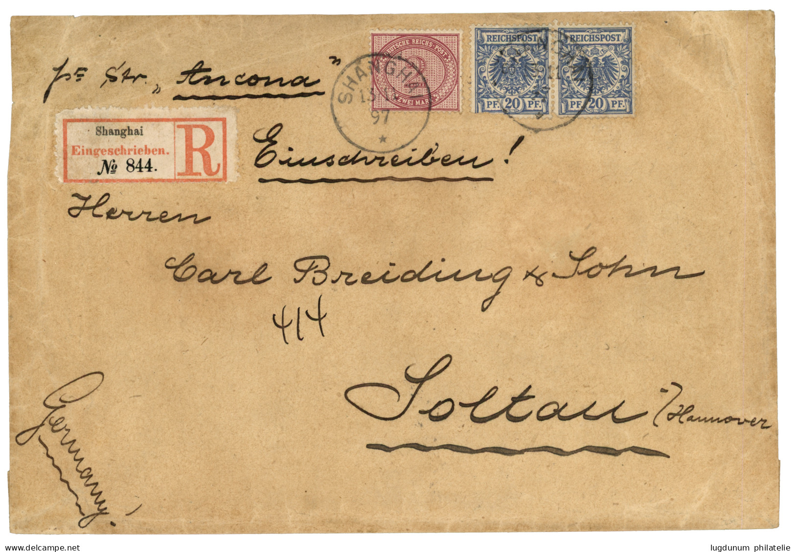 CHINA - VORLAUFER : 1897  2 MARK (v37e) Pair 20pf (v48d)x2 (faults) Canc. SHANGHAI On REGISTERED Envelope To GERMANY. RA - China (offices)