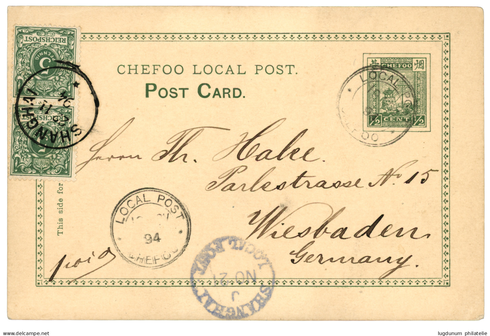 CHINA - LOCAL POST : 1894 CHEFOO POSTAL STATIONERY 1/2c Canc. LOCAL POST CHEFOO + SHANGHAI LOCAL POST + GERMANY VORLAUFE - Deutsche Post In China