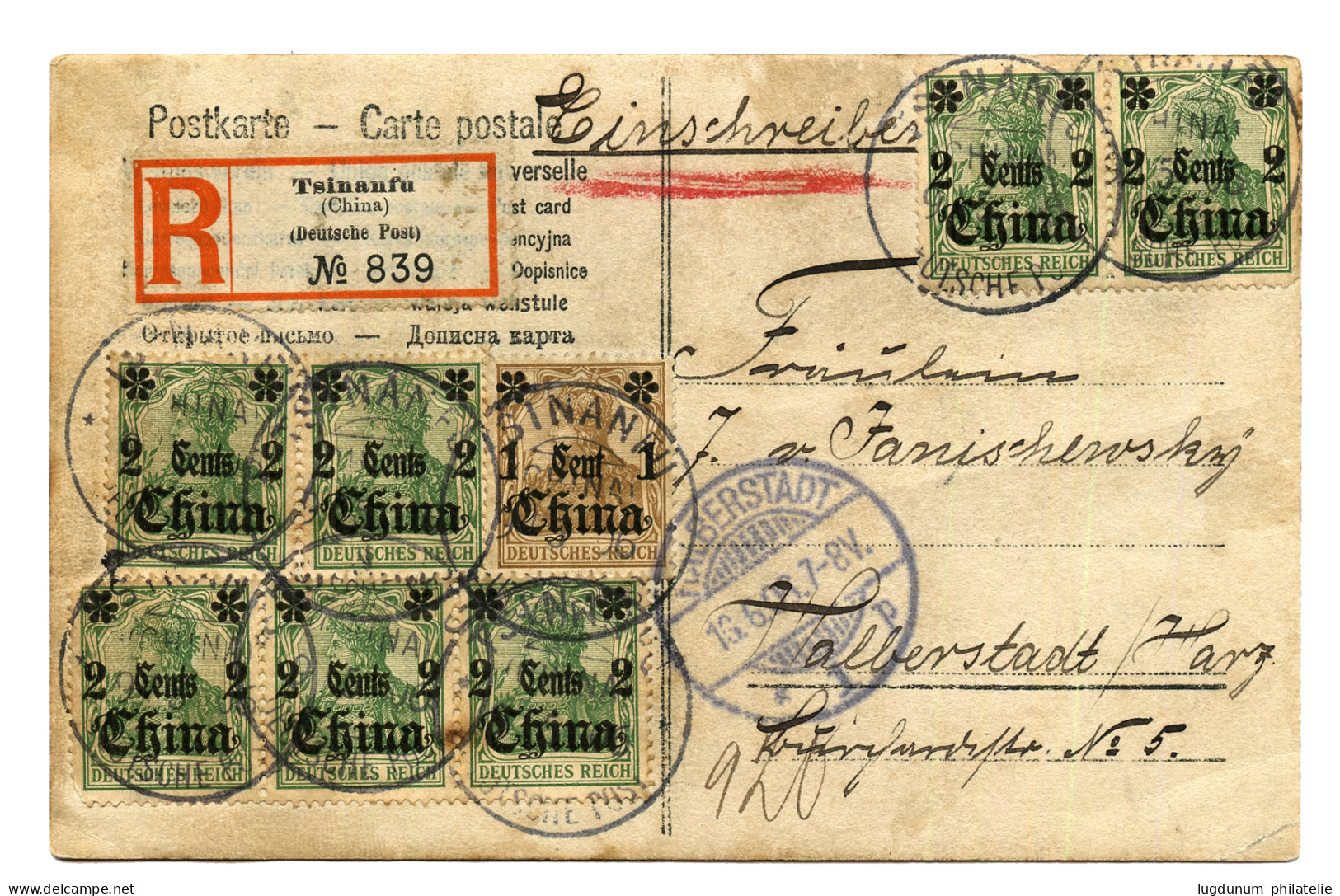 CHINA : 1906 1c On 3pf + 2c On 5pf (x7) Canc. TSINANFU On REGISTERED Card (superb Photo) To GERMANY. Vvf. - Deutsche Post In China