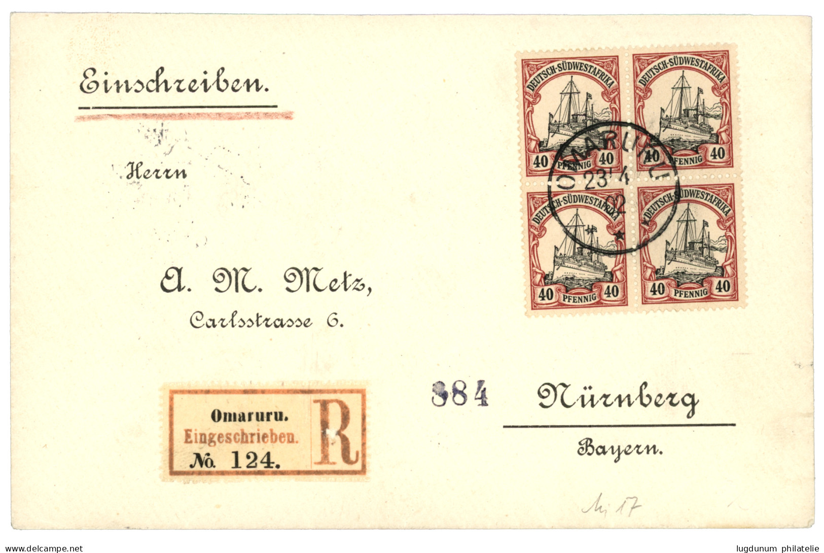 GERMAN SOUTH WEST AFRICA : 1902 40pf Block Of 4 Canc. OMARURU On REGISTERED Envelope To GERMANY. Vvf. - Duits-Zuidwest-Afrika