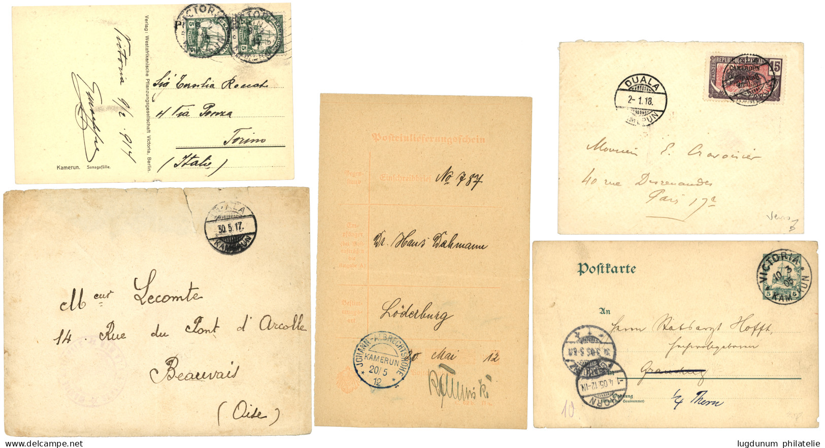 CAMEROONS : JOHAN-ALBRECHTSHOHE Blue On Receipt + 2 Cards (VICTORIA) + 2 Covers(DUALA). F./Vf. - Camerún