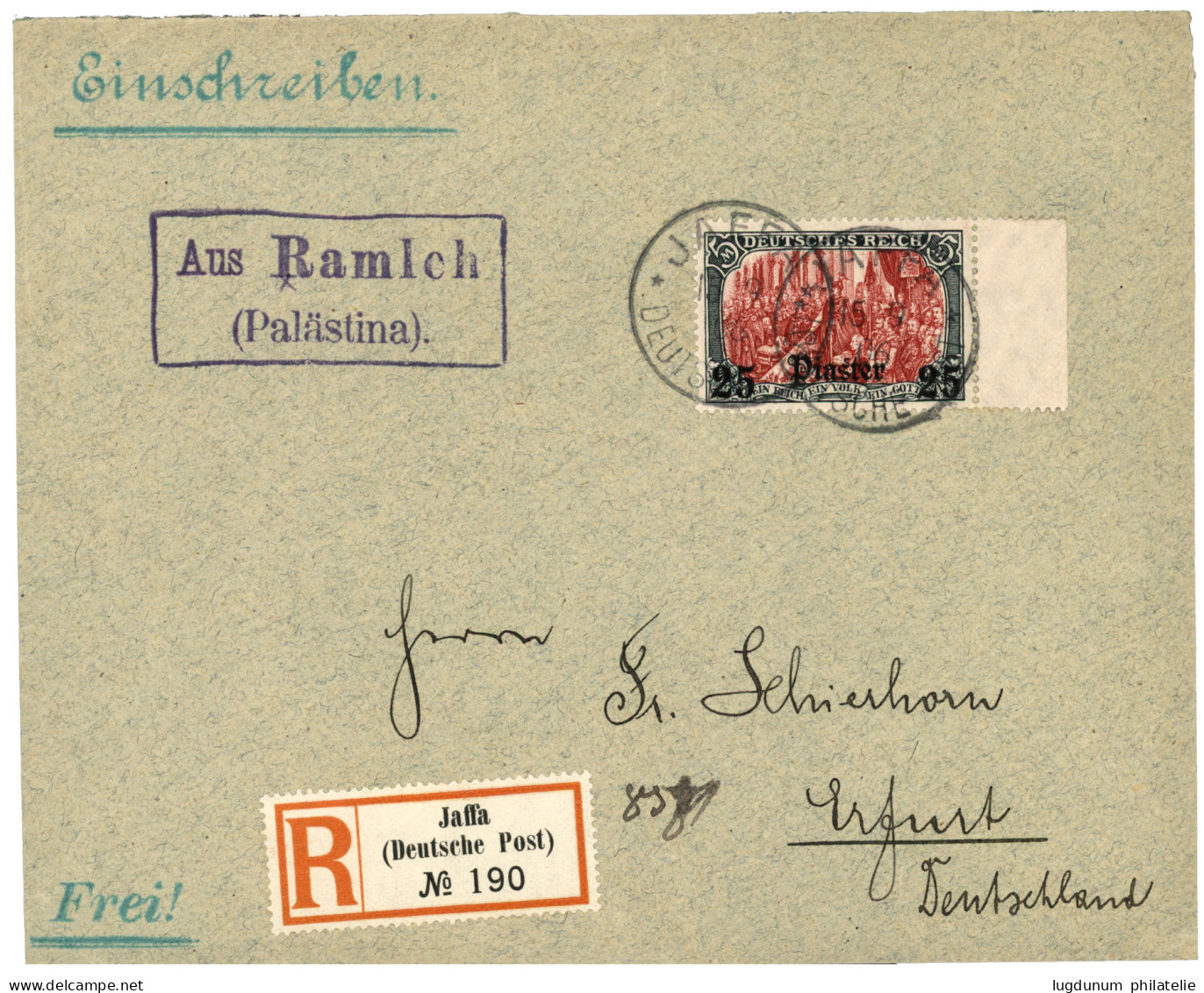 PALESTINE German P.O. : 1906 25P On 5 MARK (michel 47a) Canc. JAFFA + Boxed AUS RAMLCH PALÄSTINA On REGISTERED Envelope  - Turquie (bureaux)