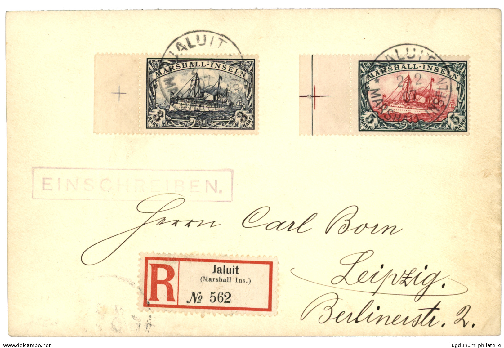 MARSHALL ISLANDS : 1907 5 MARK + 3 MARK Canc. JALUIT On REGISTERED Envelope To GERMANY. Vvf. - Isole Marshall