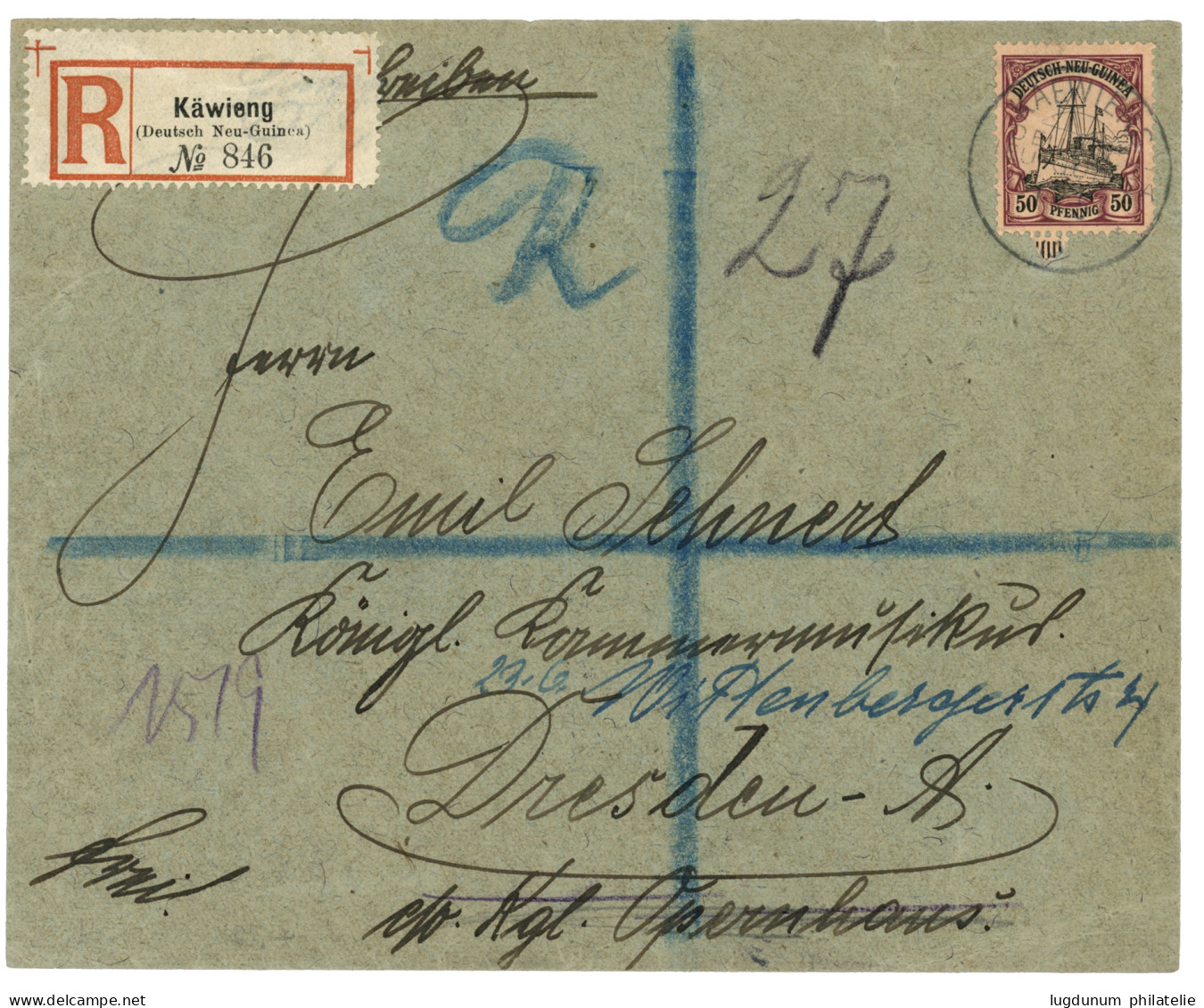 GERMAN NEW GUINEA - KAEWIENG : 1913 50pf Canc. KAEWIENG On REGISTERED Envelope To GERMANY. Signed STEUER. Vf. - Nueva Guinea Alemana