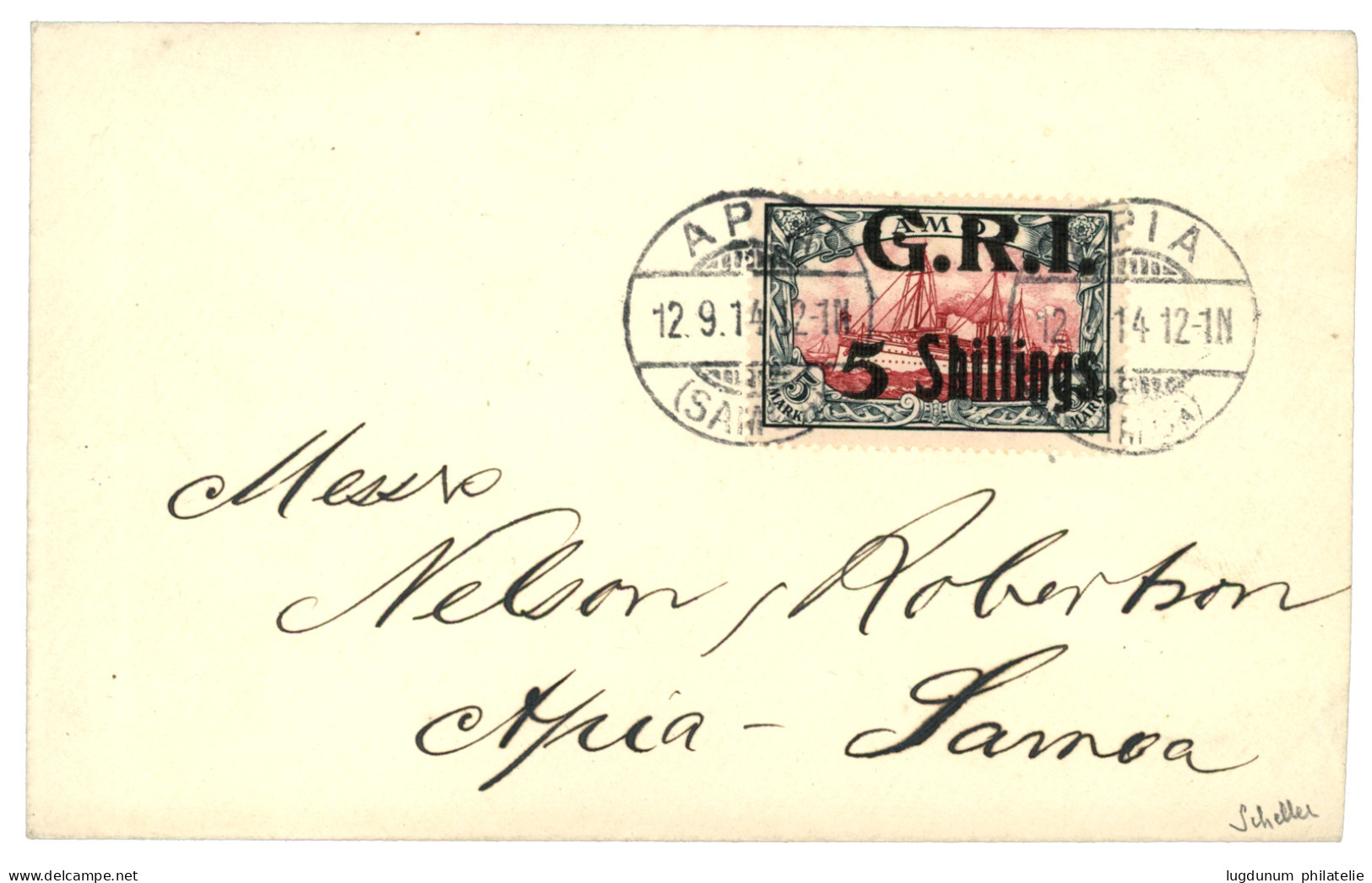 SAMOA - BRITISH OCCUPATION : 1914 G.R.I 5 SHILLING On 5 Mark (n°13) Canc. APIA On Local Envelope. RARE. Signed SCHELLER  - Samoa