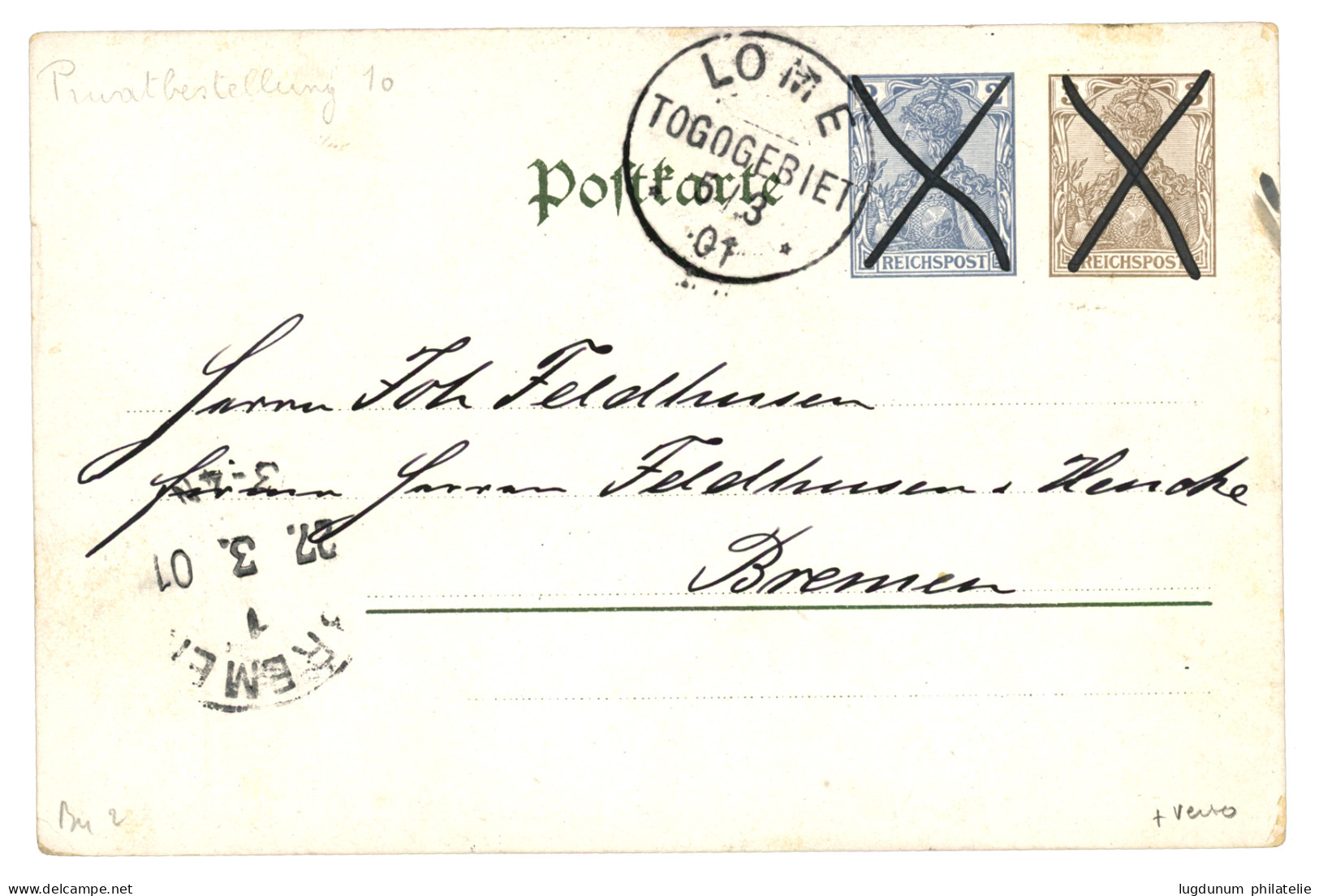 TOGO : 1901 GERMANIA P./Stat. 2pf + 3pf Pen Cancel + LOME TOGOGEBIET To BREMEN. Superb. - Togo