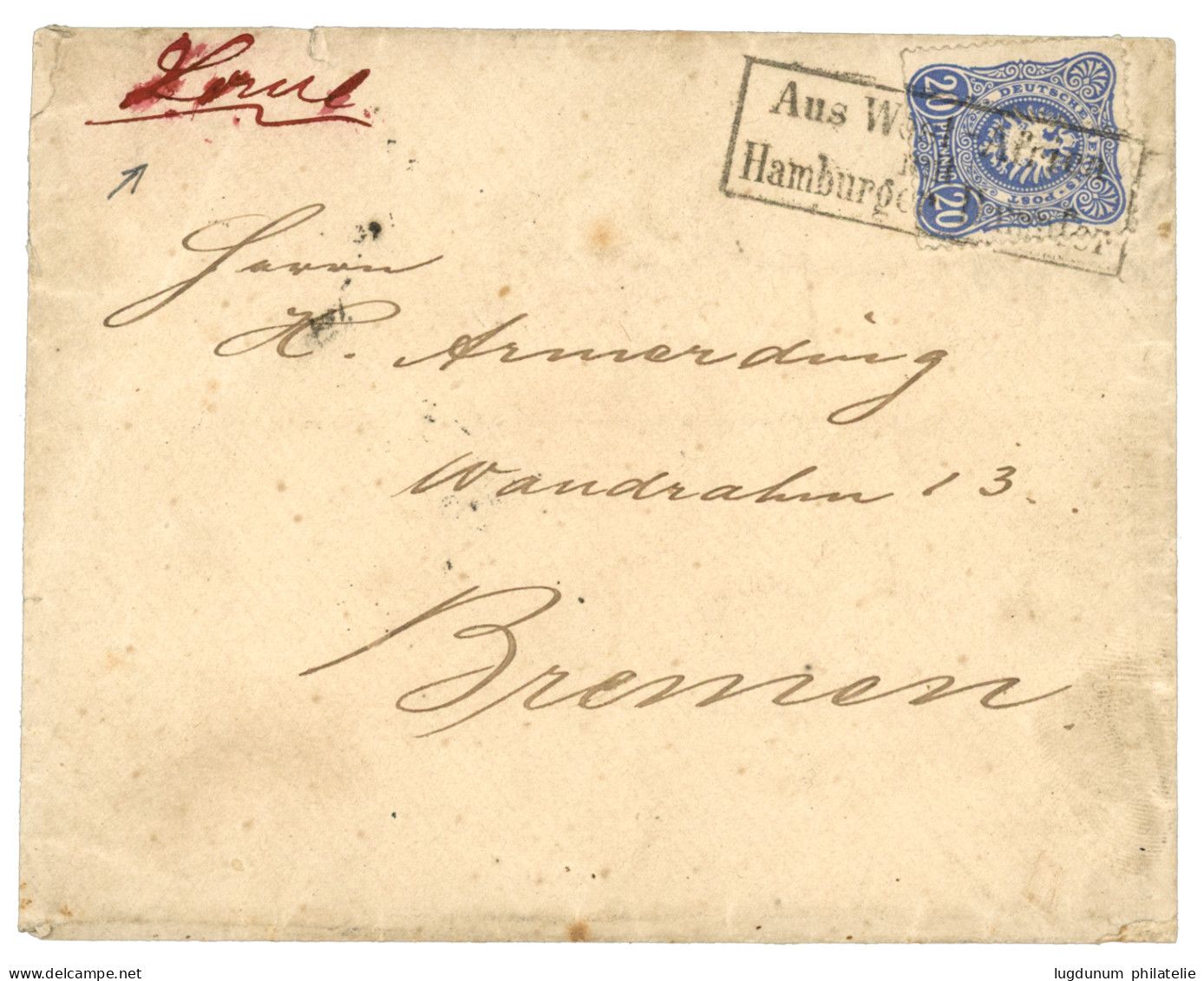 TOGO : 1886 20pf Canc. AUS WESTAFRIKA Mit HAMBURGER DAMPFER + "LOME" In Red On Envelope To BREMEN. Vf. - Togo