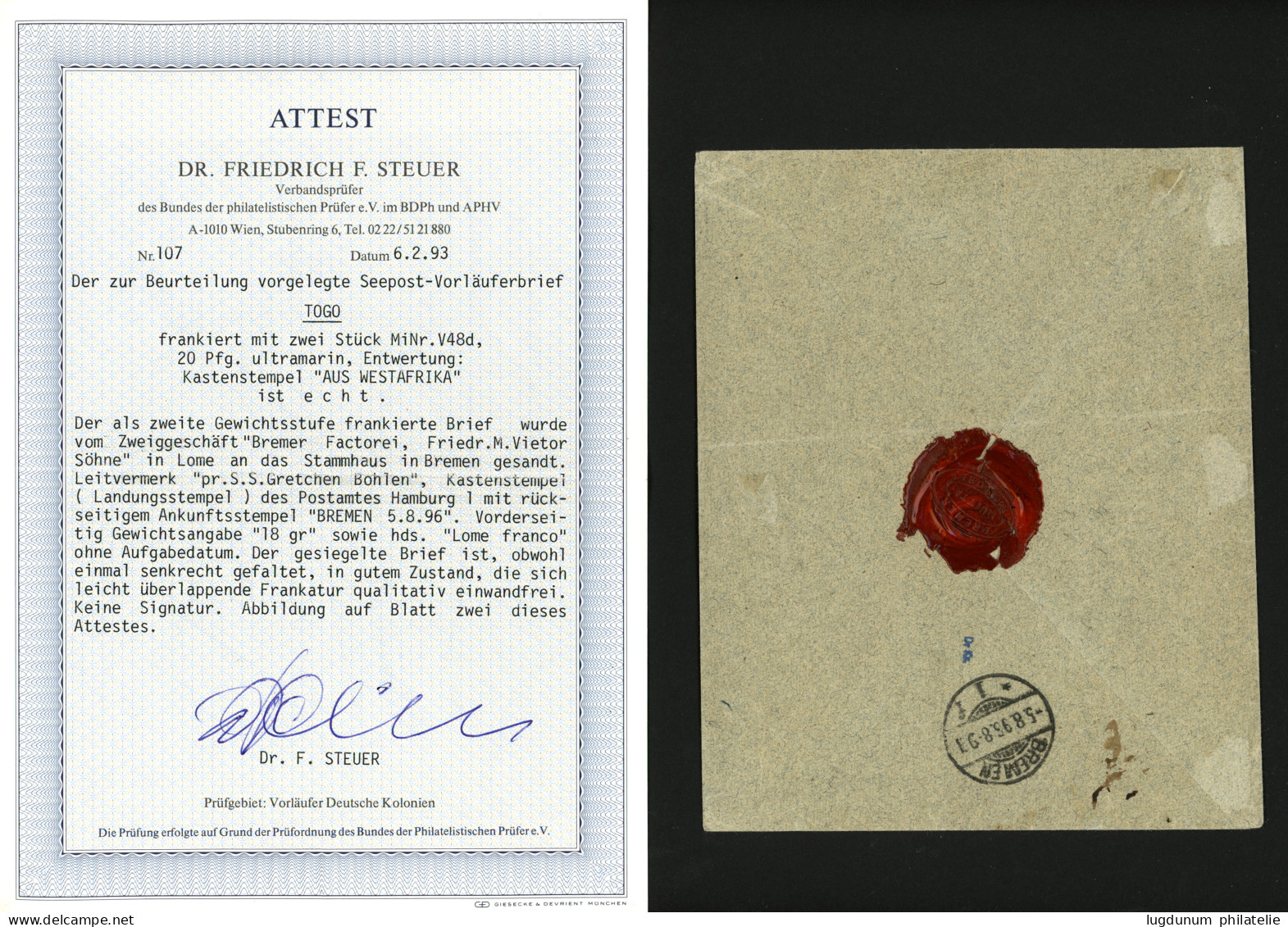 TOGO : 1895 Pair 20pf Canc. AUS WESTAFRIKA + "LOME FRANCO" On Envelope To BREMEN. STEUER Certificate (1993). Superb. - Togo