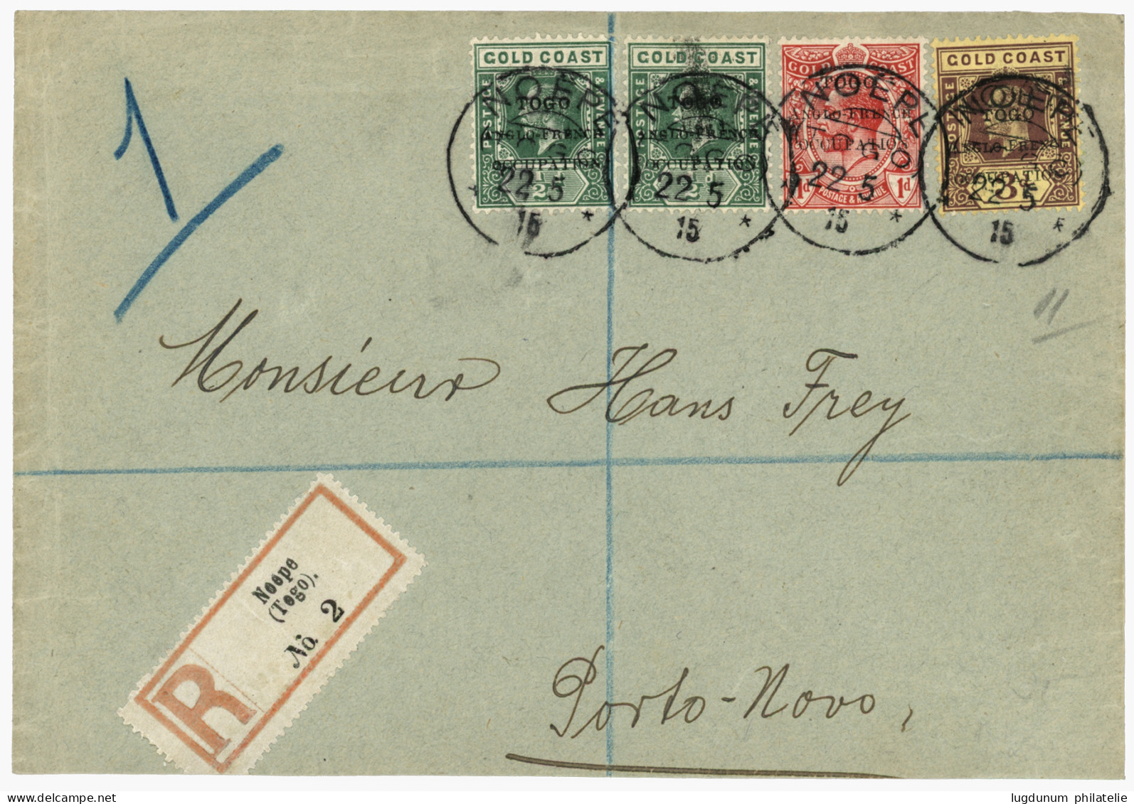 TOGO - NOEPE : 1915 1/2d (x2) + 1d + 3 1/2d Canc. NOEPE TOGO On REGISTERED Envelope (reduced At Base) To PORTO-NOVO (DAH - Togo