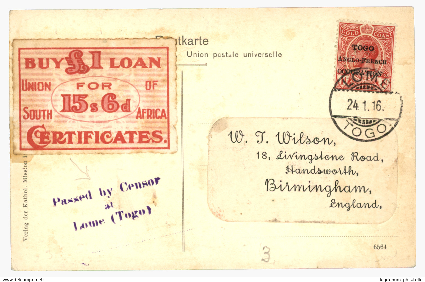 TOGO : 1916 1d Canc. LOME TOGO + Superb Red Label + PASSED BY CENSOR At LOME (TOGO) On Card To ENGLAND. Vvf. - Togo
