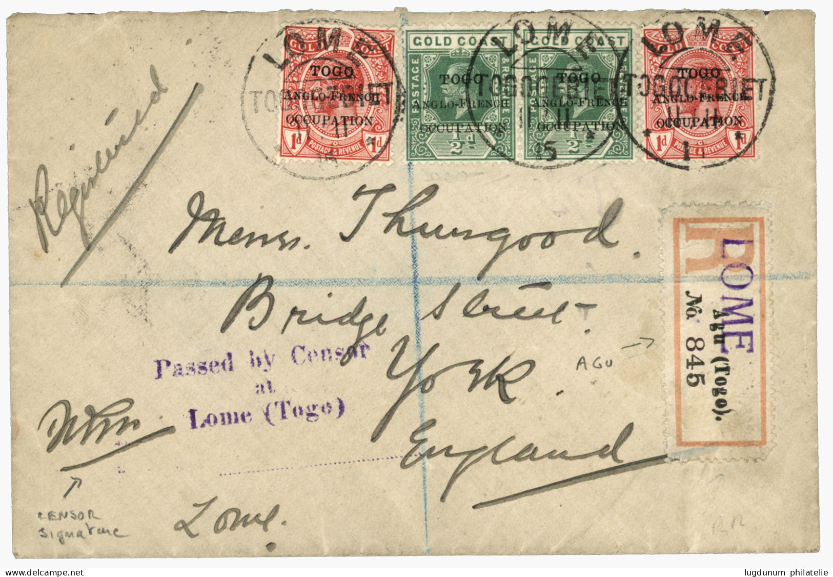 TOGO - German REGISTERED Label AGU : 1916 1/2d (x3) + 1d (x2) Canc. LOME TOGOGEBIET + PASSED BY CENSOR At LOME (TOGO) +  - Togo