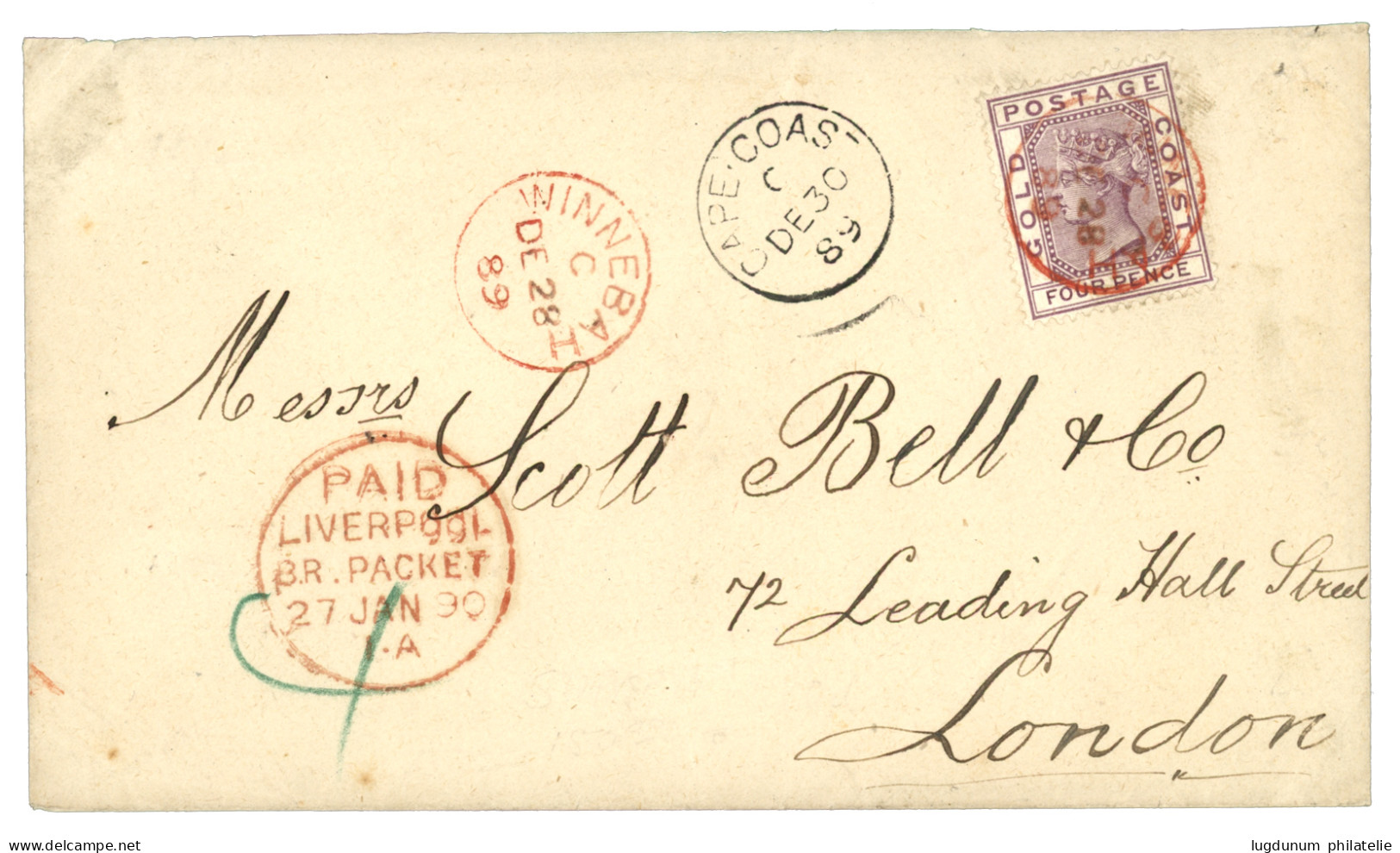 GOLD COAST : 1889 4d Canc. WINNEBAH In Red On Envelope To ENGLAND. RARE. Superb. - Goldküste (...-1957)